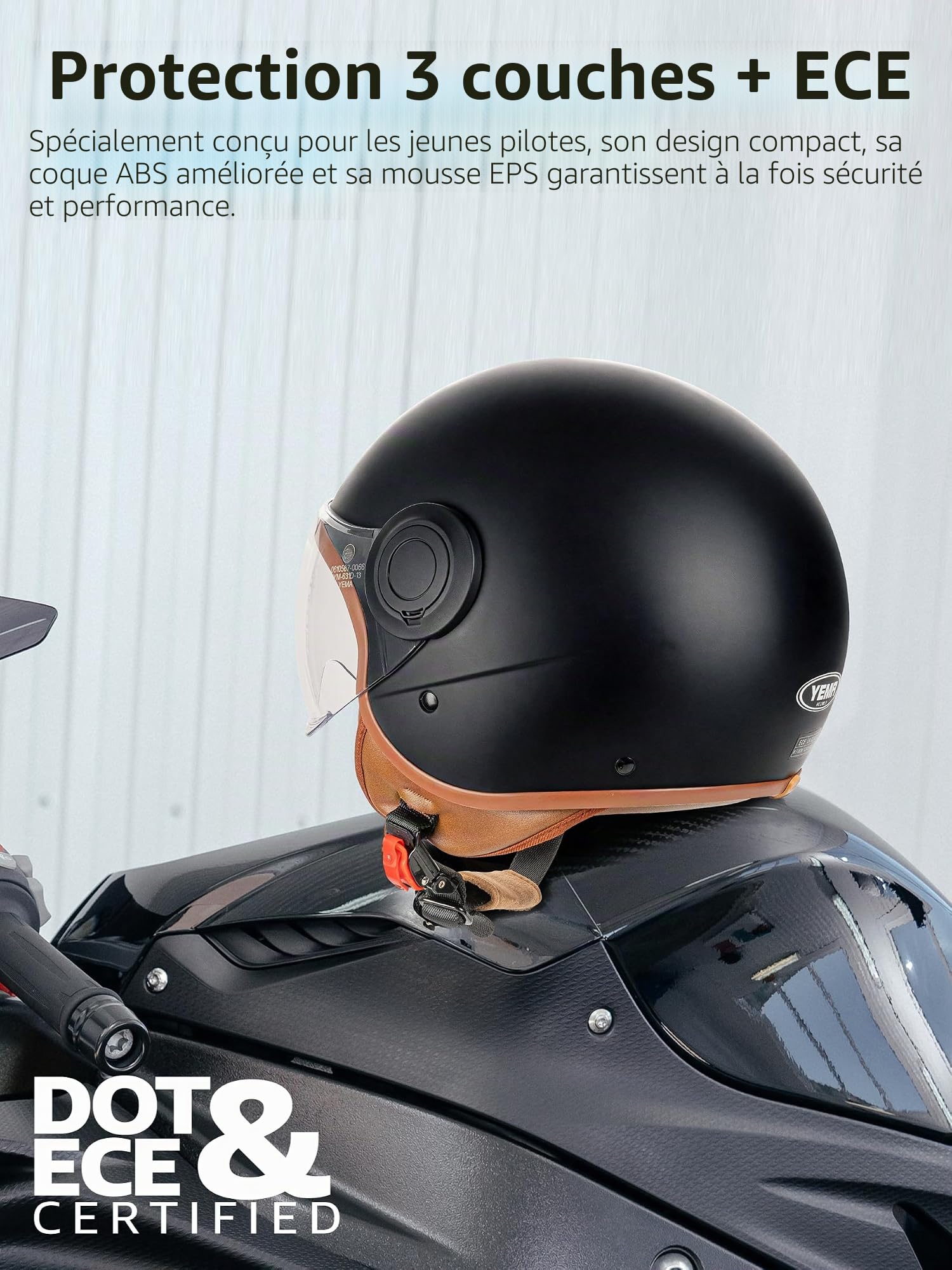 YEMA Helmet Casque Ouvert DW-611 Scooter électrique ECE 3 / 4 Demi Casque pour Les Hommes et Les Femmes-Noir Mat,M