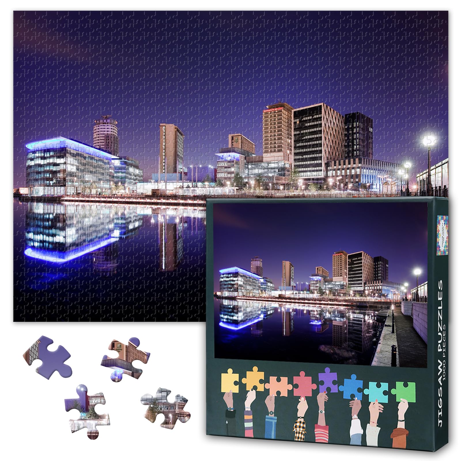 Manchester UK Night Skyline Jigsaw Puzzle 1000 Pieces for Adults Greater Manchester County Cityscape Puzzle Modern Urban Downtown Landscape Wall Art Home Decor 27.5x19.7 Inch โ image 1