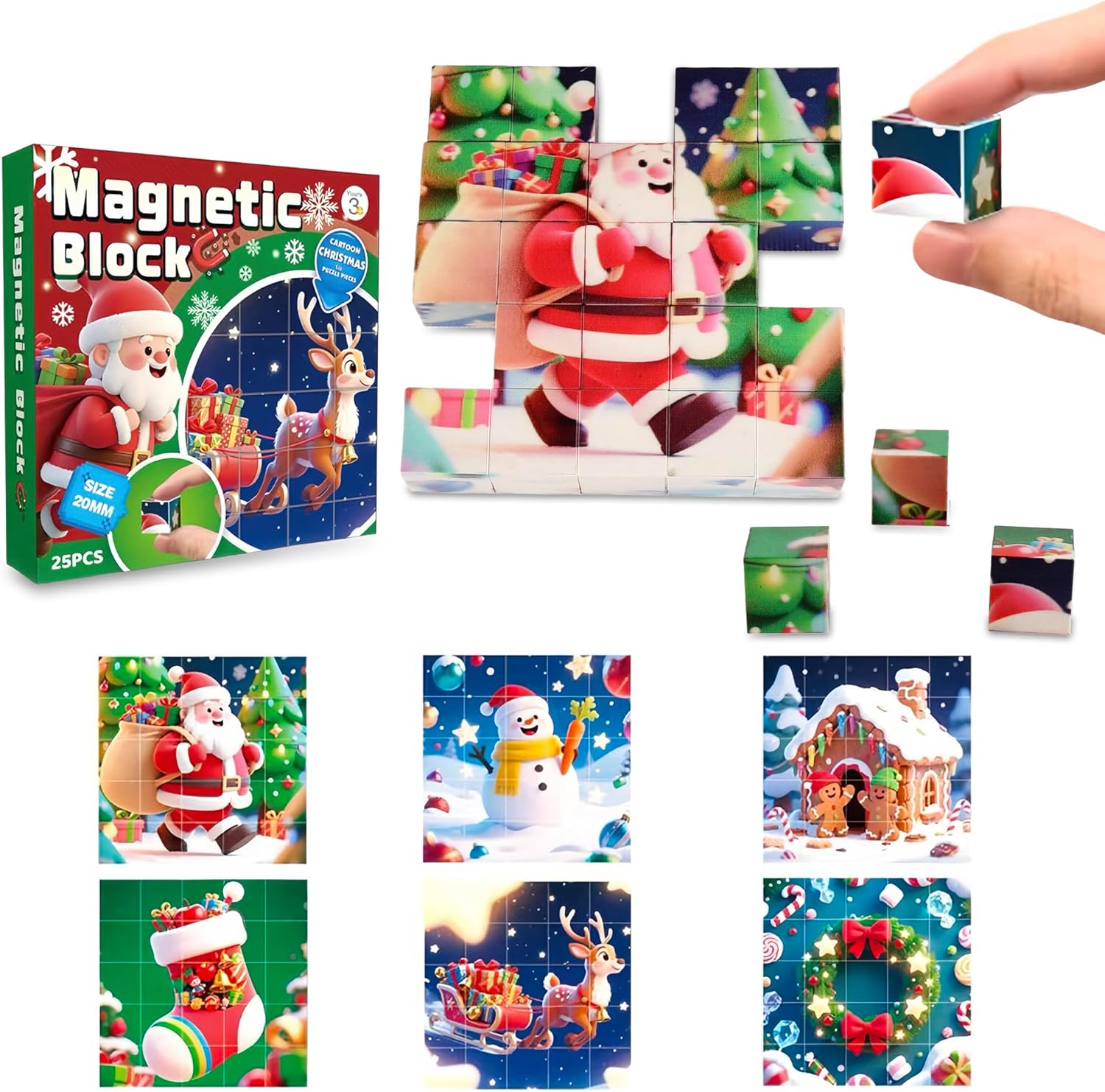 Magnetic Blocks Building Toy,Ritastar 25pcs Mine Stacking Magnet Build Cubes Cartoon Pattern World,STEM Sensory Construction Toys for Kids Gift,Educational Jigsaw Puzzle Set with 3D Christmas Designs