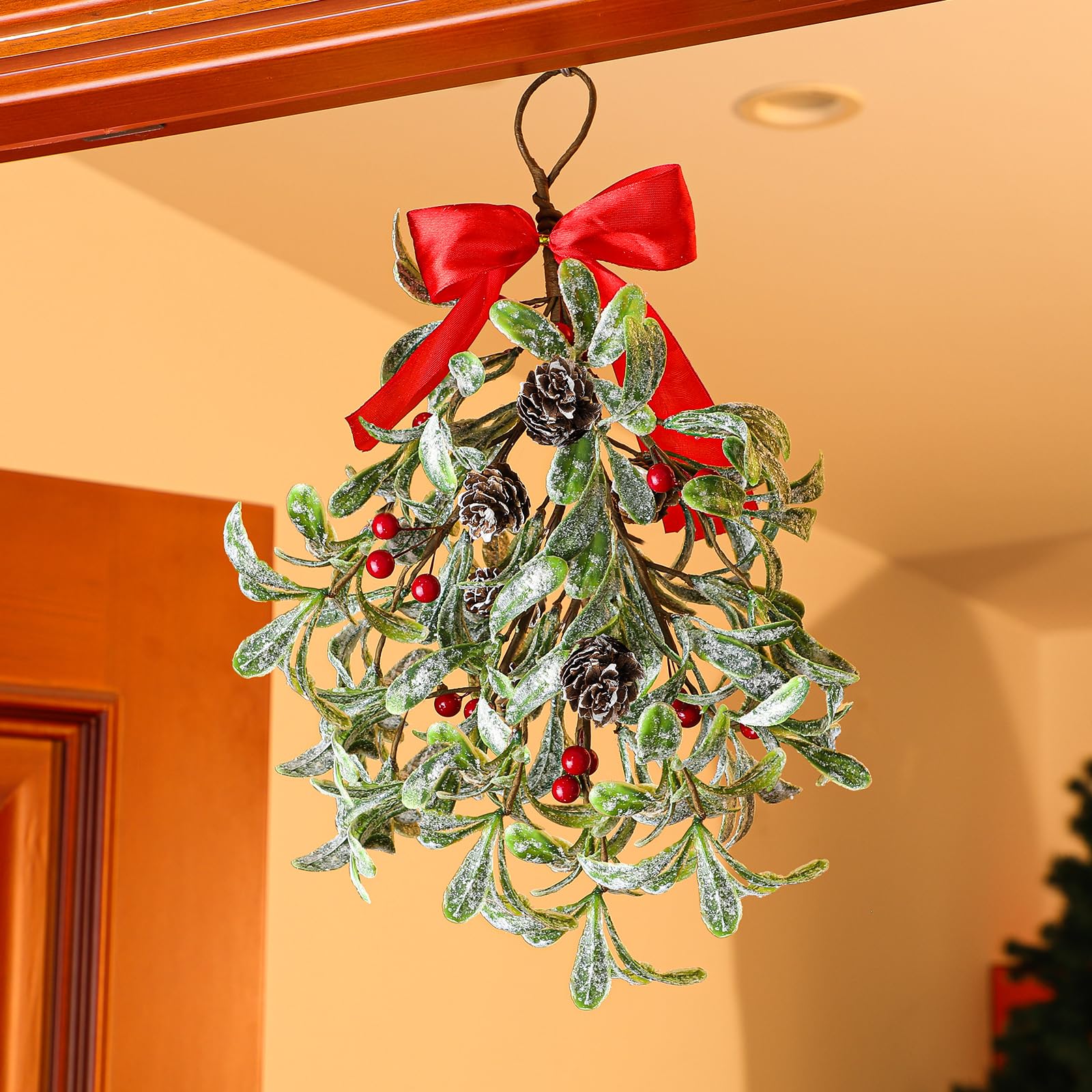 Daifunli Weihnachtlicher Mistelzweig-Dekor, Weihnachtsfeiertag, küssender Mistelzweig, großer künstlicher Mistelzweigstrauß, Weihnachts-Mistelzweig-Ornament mit Zweigen, roten Beeren, für Weihnachten,