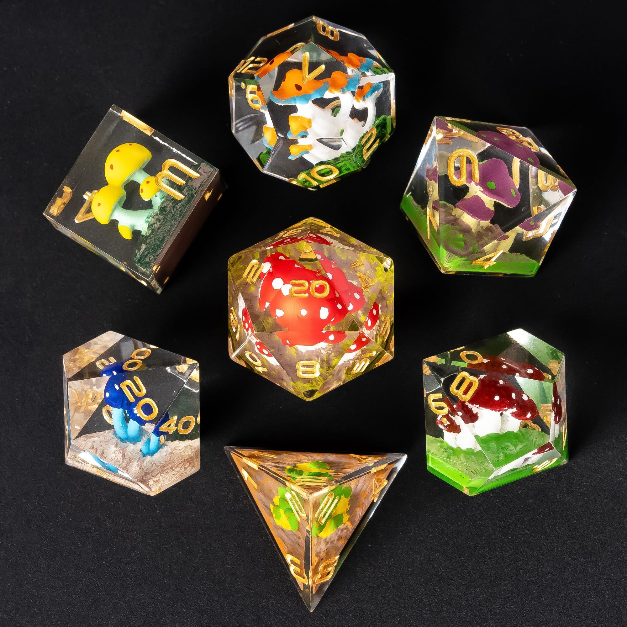 Cusdie 7-Piece Sharp Edges DND Dice Set including Colorful Mushroom in Elegant Box Perfect for RPG Tabletop Gaming Dungeons and Dragons Role Playing Game