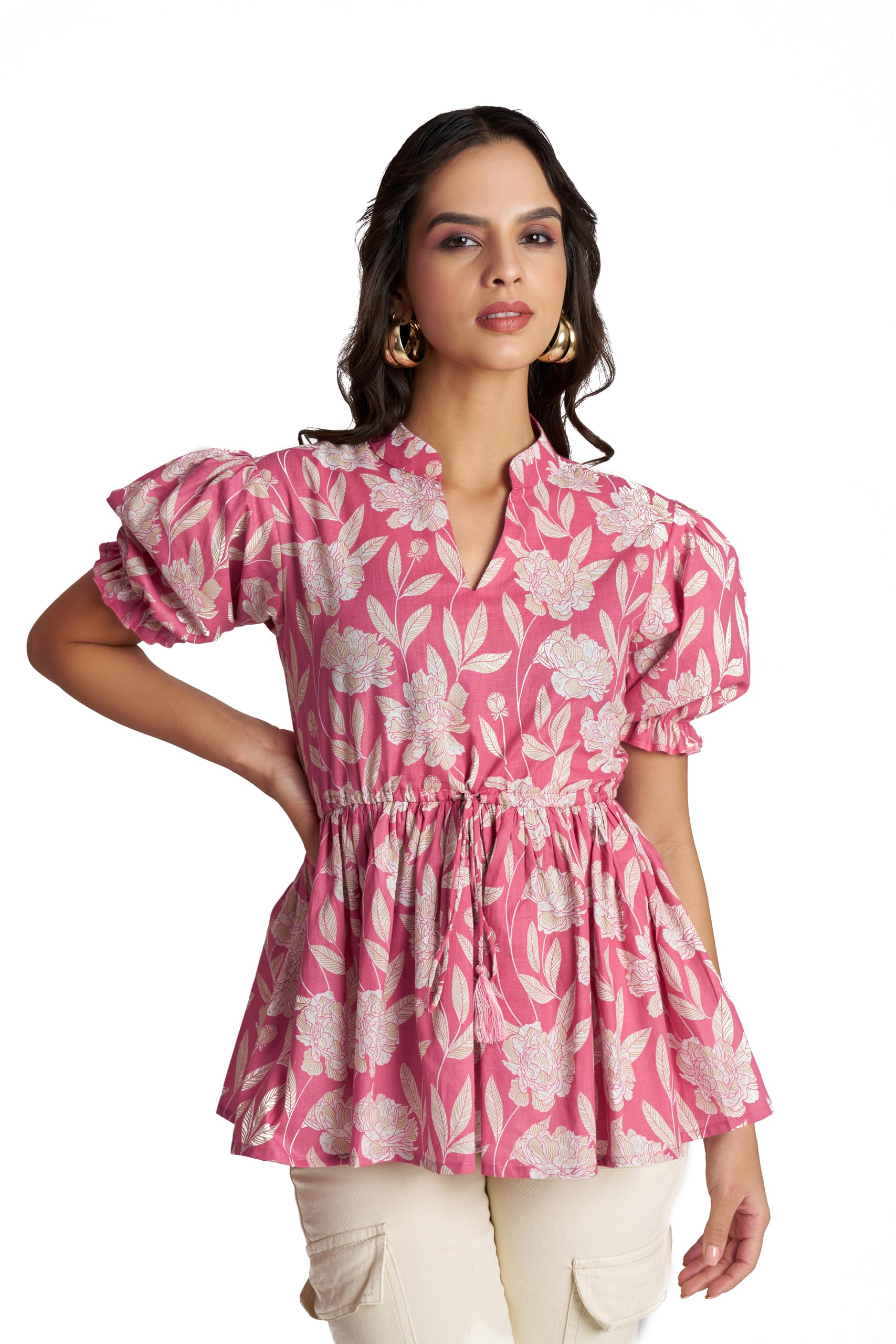 berry bird Floral Print Mandarin Collar Puff Sleeve Cotton Peplum Top-picture-23