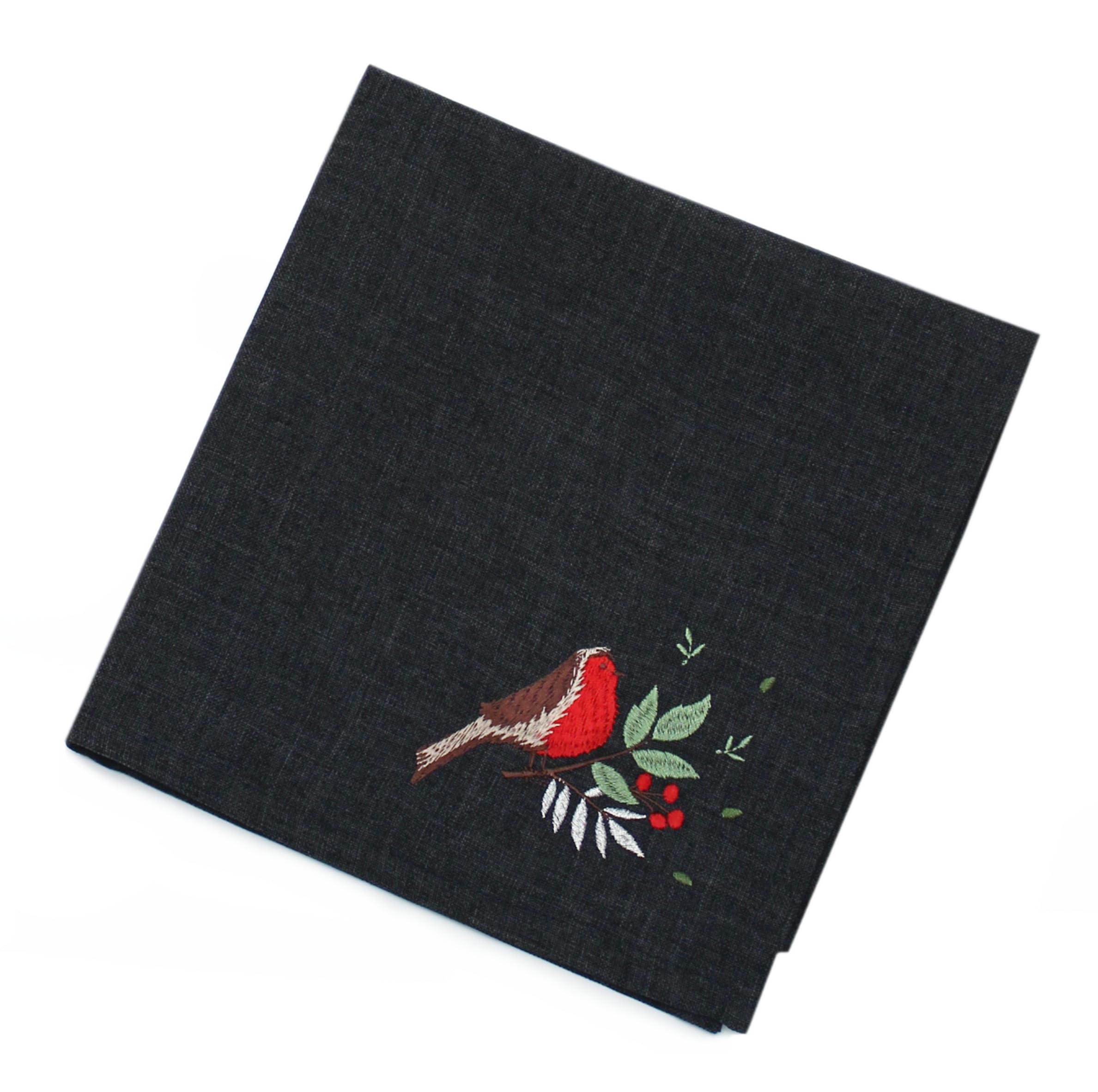 Robin Roost Christmas Embroidered Napkin - 45cm x 45cm (Pewter)