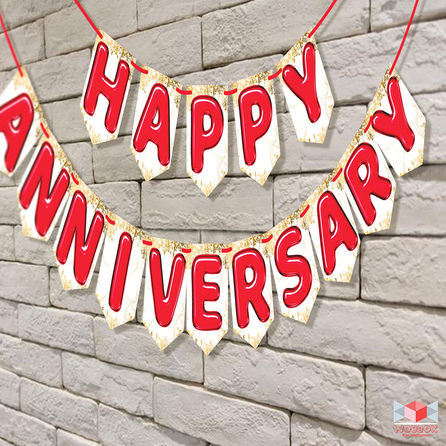 WOBBOX Happy Anniversary Bunting Banner - Red & White Party Decoration, Premium Cardstock, Pre-Assembled