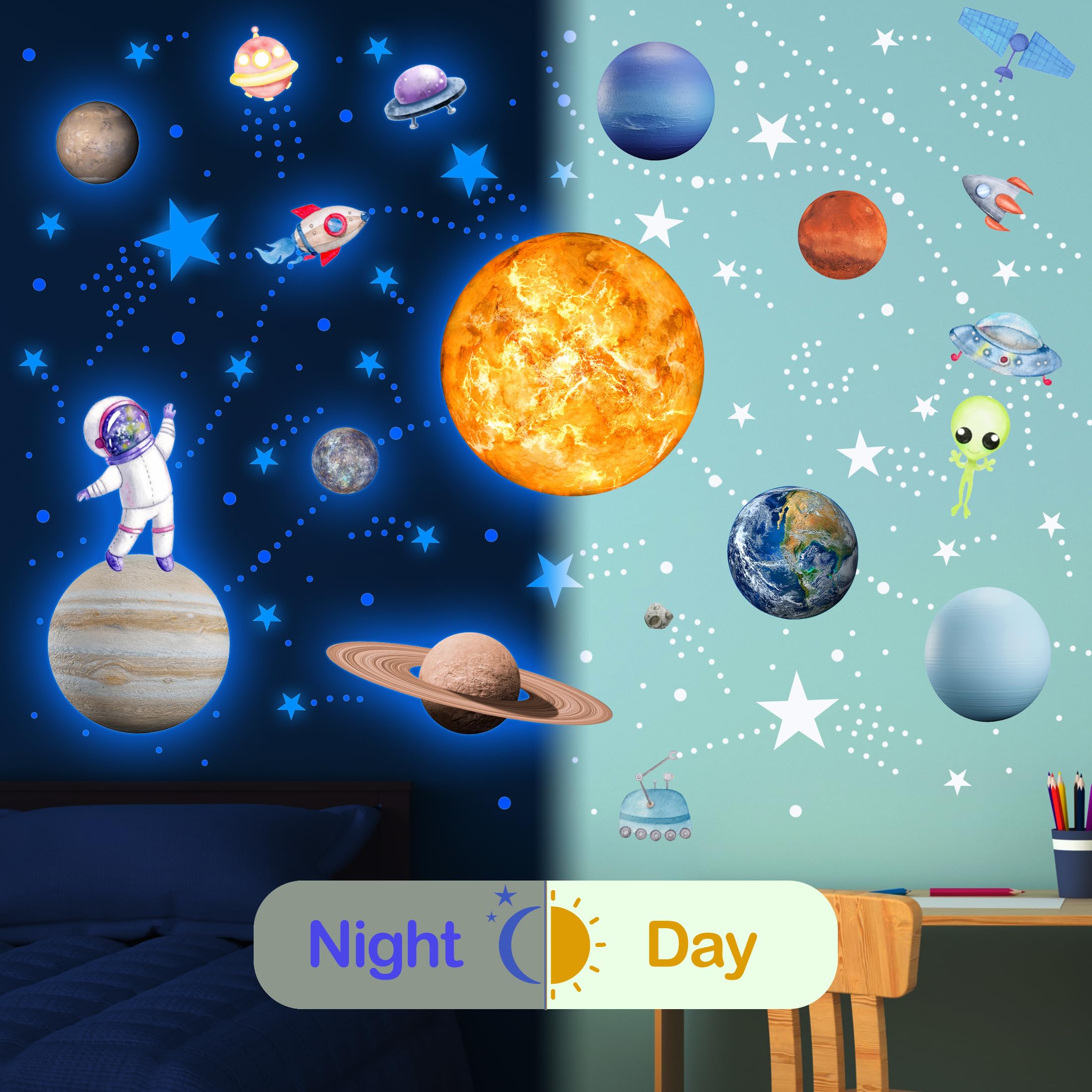Adesivi da parete con stelle fosforescenti del sistema solare, sole e 8 pianeti principali, adesivi per soffitto, motivo astronauta, decorazione da parete per bambini (blu)