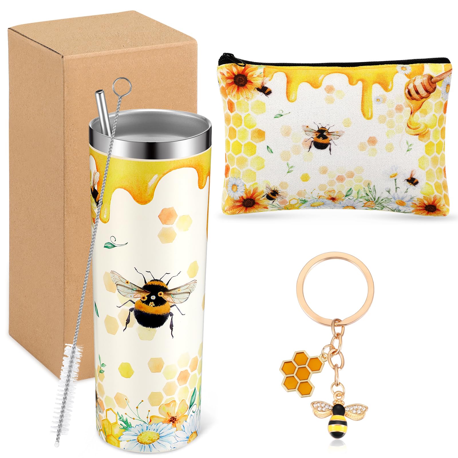 Uiifan 3 Pcs Christmas Bee Themed Gifts Bee Tumbler 20 oz with Lid and Straw, Bee Cosmetic Bag Makeup Bags and Bee Keychains for Women Bee Lovers, Beekeepers