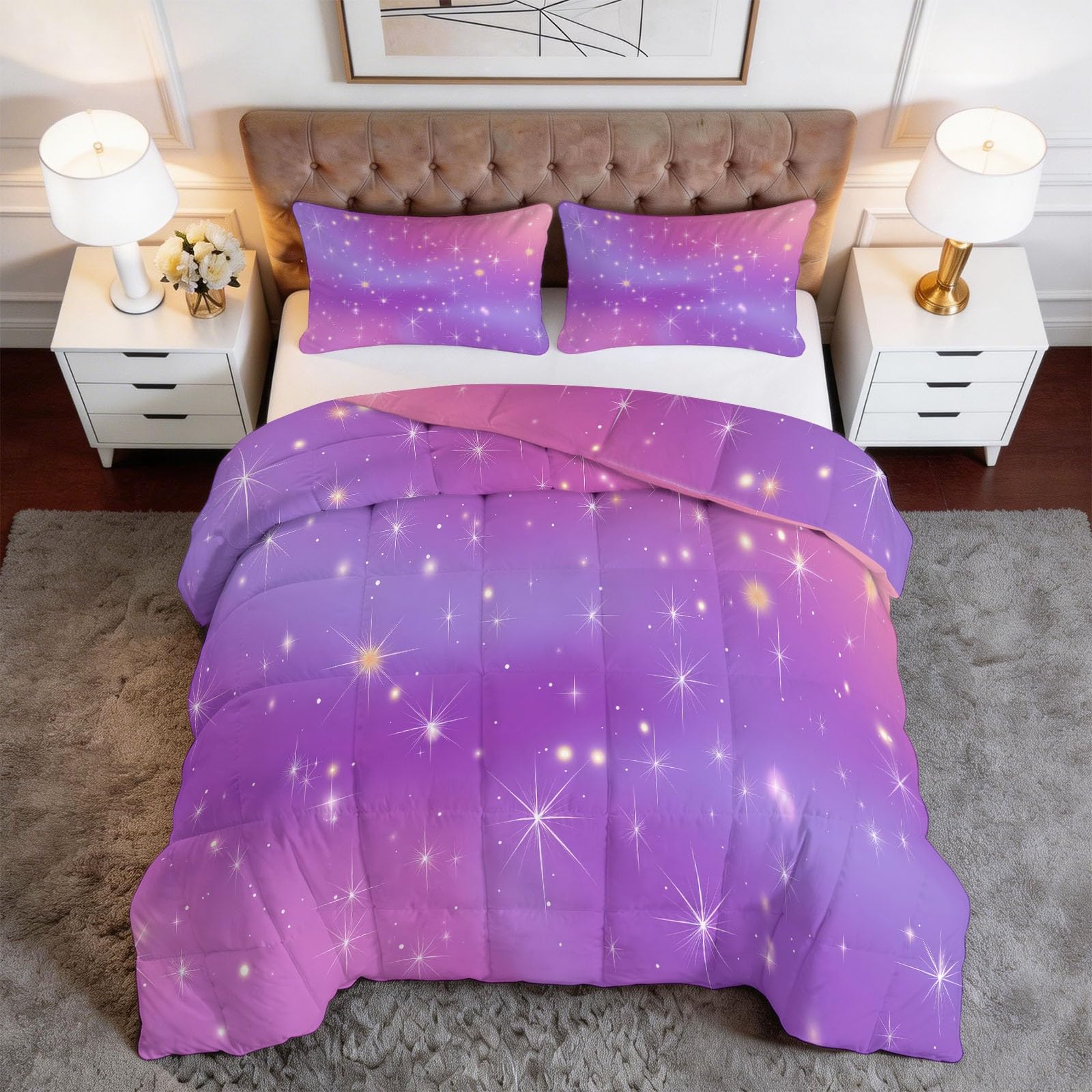 Generisch Edredón bonito y sencillo con diseño de estrellas, para todo el año, para 4 estaciones, edredón de 155 x 220 cm, reversible, lavable, color rosa y morado
