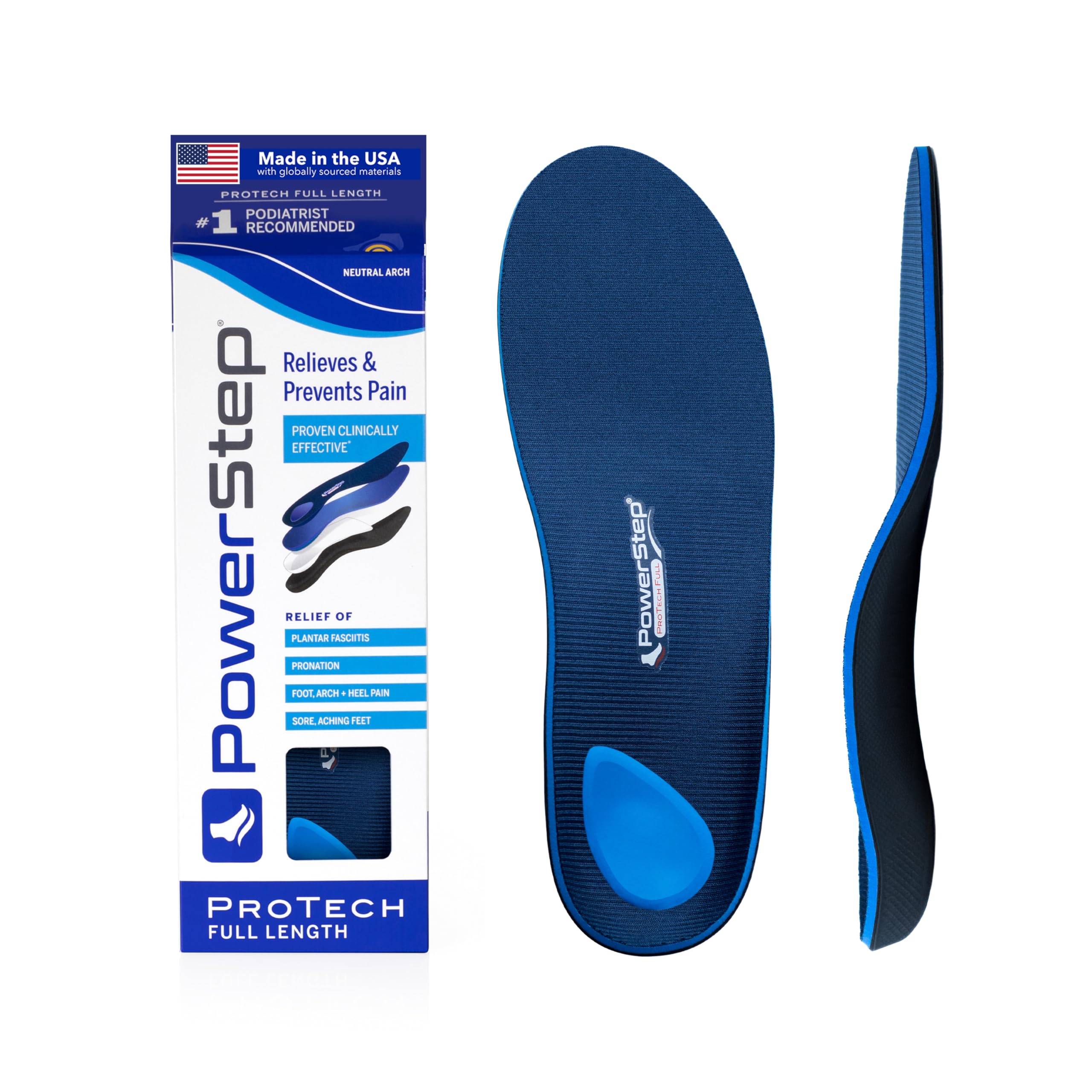 PowerStep ProTech Orthotic Insoles - Medical Grade Arch Support Inserts for Plantar Fasciitis Relief - Made in USA - Maximum Cushioning + ShockAbsorb Orthotics (M 8-8.5 W 10-10.5)