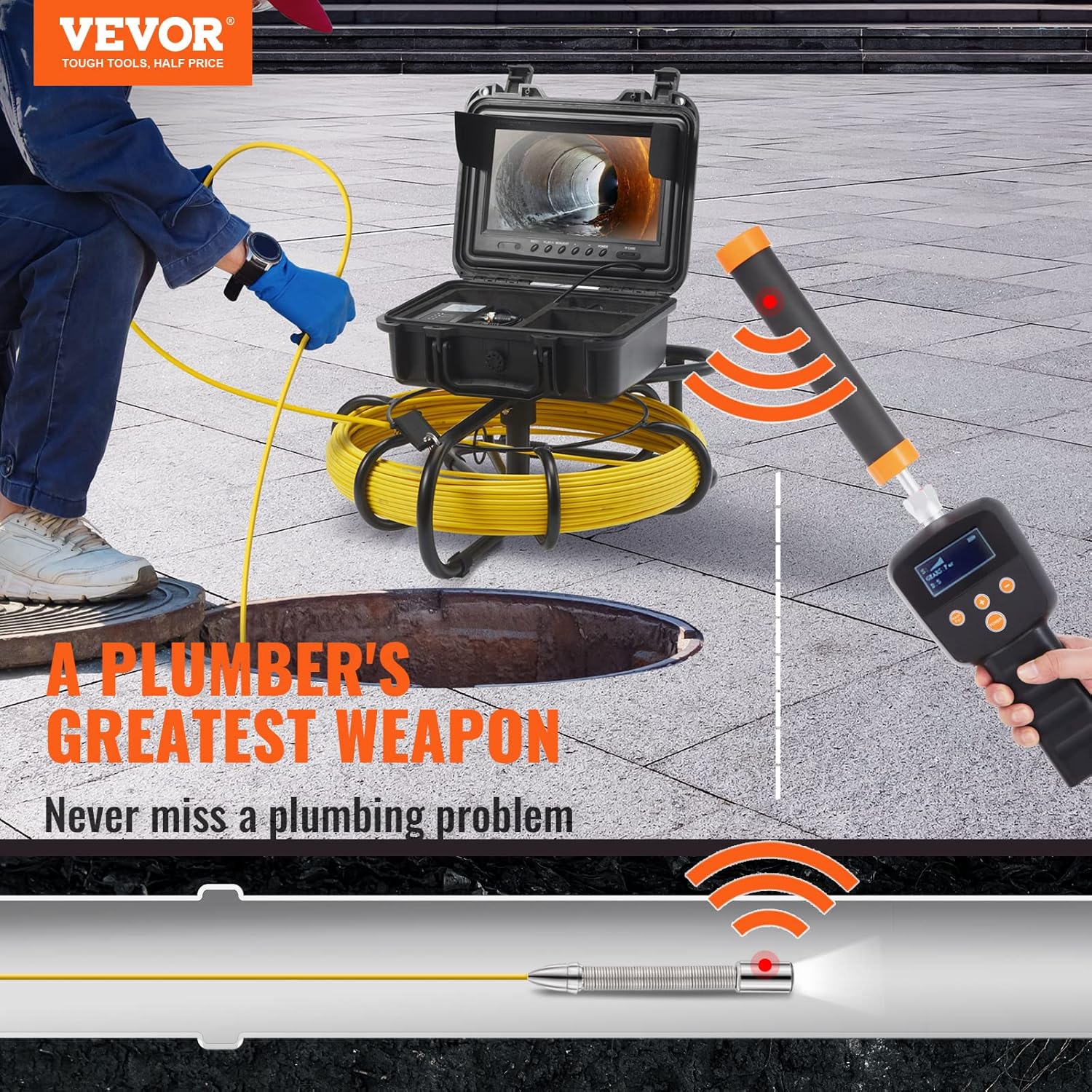 VEVOR Sewer Camera with 512Hz Locator, 165 ft/50 m, 9" Pipeline Inspection Camera with DVR Function, IP68 Camera with 12 Adjustable LEDs, 16GB SD Card for Sewer Line, Home, Duct Drain Pipe Plumbing