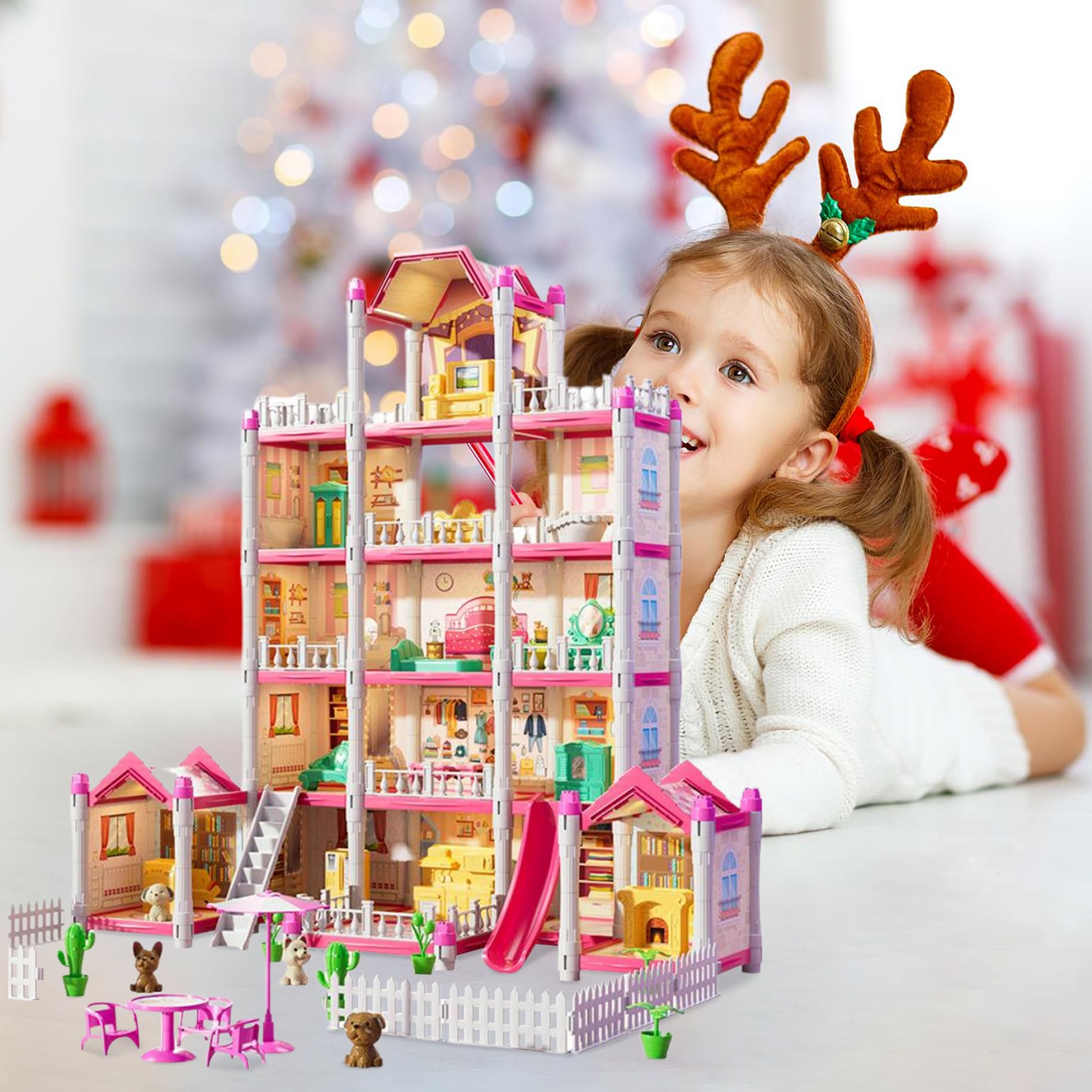 1 Juego de casa de muñecas de 5 Pisos, 14 Habitaciones, casa de muñecas de Lujo para niña, Castillo de Princesa DIY con muñeca, Cachorro, Muebles y Accesorios, Juguetes navideños de ensueño para niñ