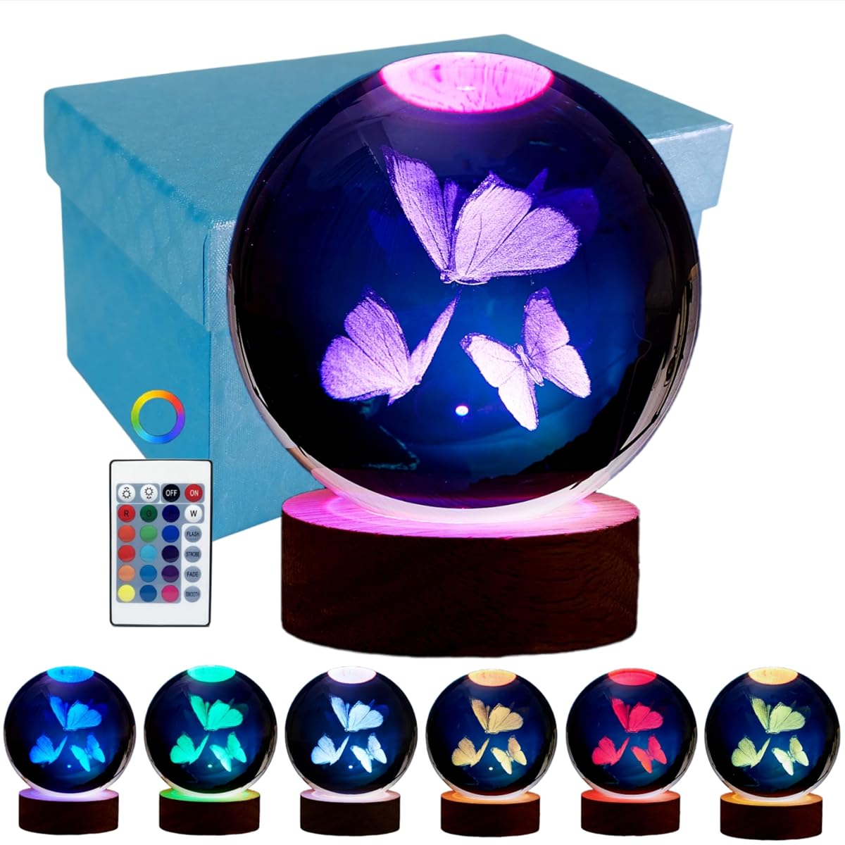 Conalisk 3D Butterfly Crystal Ball Lamp with 16 Colors, 3.15 Inch LED Night
