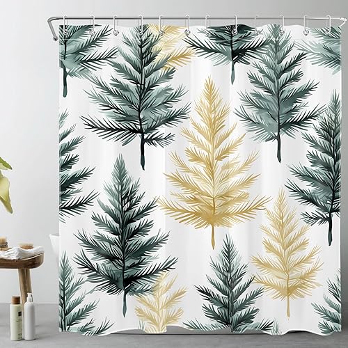 Cortina de ducha de pino verde y dorado para baño, cortina de ducha moderna abstracta de árboles de Navidad sobre blanco con 12 ganchos, cortinas Cortina de ducha de pino verde y dorado para baño, cortina de ducha moderna abstracta de árboles de Navidad sobre blanco con 12 ganchos, cortinas