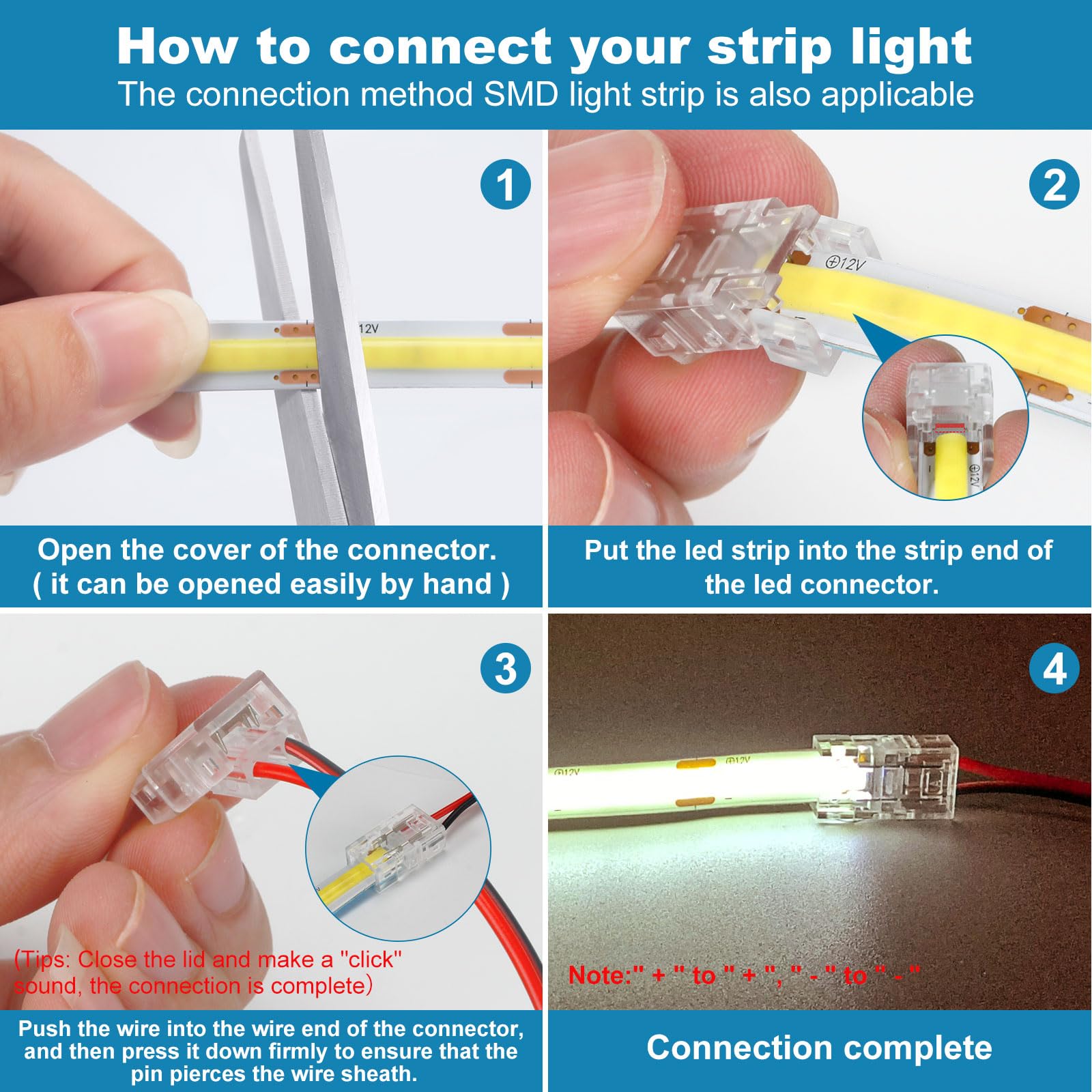 74-Piece LED Strip Light Connectors Kit - 4 Pin 10mm Polished * Clamps, Non-Solder Plastic Multifunctional Connectors With Seamless Extension For Strip To Strip & Controller Links, No * Required - View #8