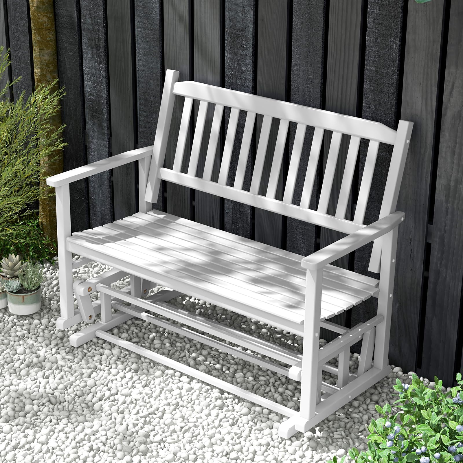 COSTWAY Banco Balancin Jardin Exterior 2 Plazas, Mecedora con Asiento de Listones y Respaldo Curvado, Deslizamiento Suave y Seguro, Blanco, 126 x 68 x 100 cm