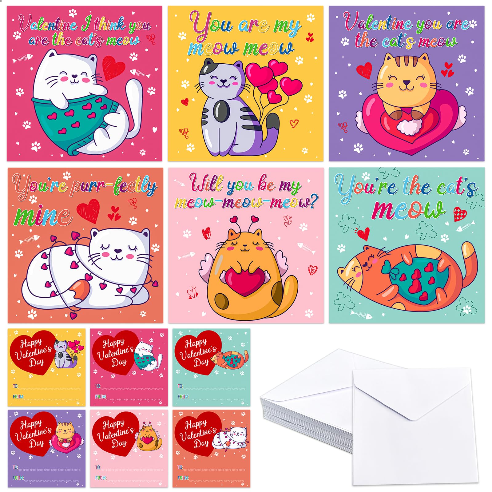 30 Pack Cat Valentines Day Cards for Kids Classroom - Kids Valentine's Day Cards Kitten Valentine Exchange Cards with Envelopes, School Valentine Gifts for Boys & Girls