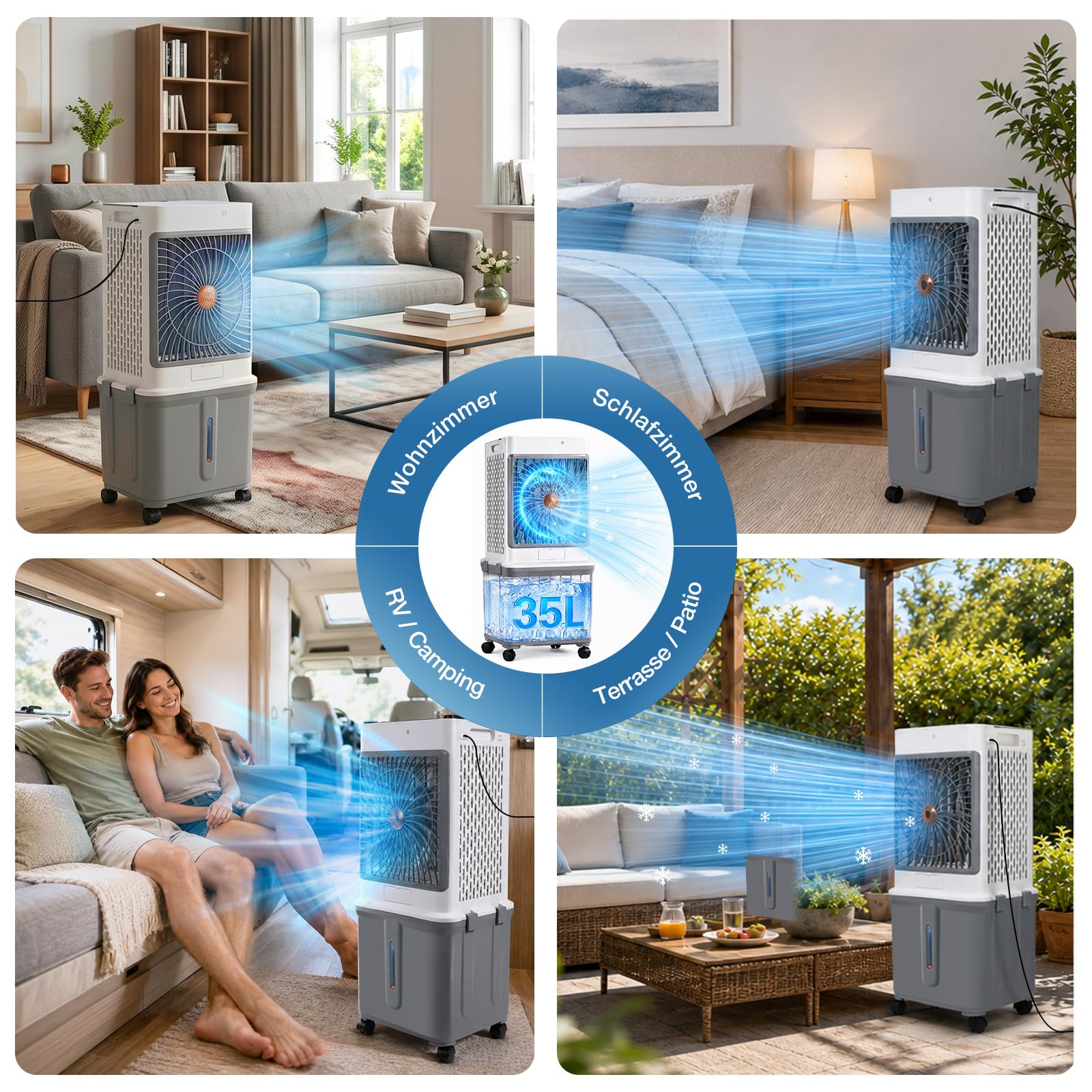 Luftkühler mit Wasserkühlung, 35L Wassertank und Fernbedienung | Mobile Klimaanlage ohne Abluftschlauch, 120° Oszillation Timer 3 Stufen 70W Verdunstungskühler für Wohnung Raum Wohnzimmer