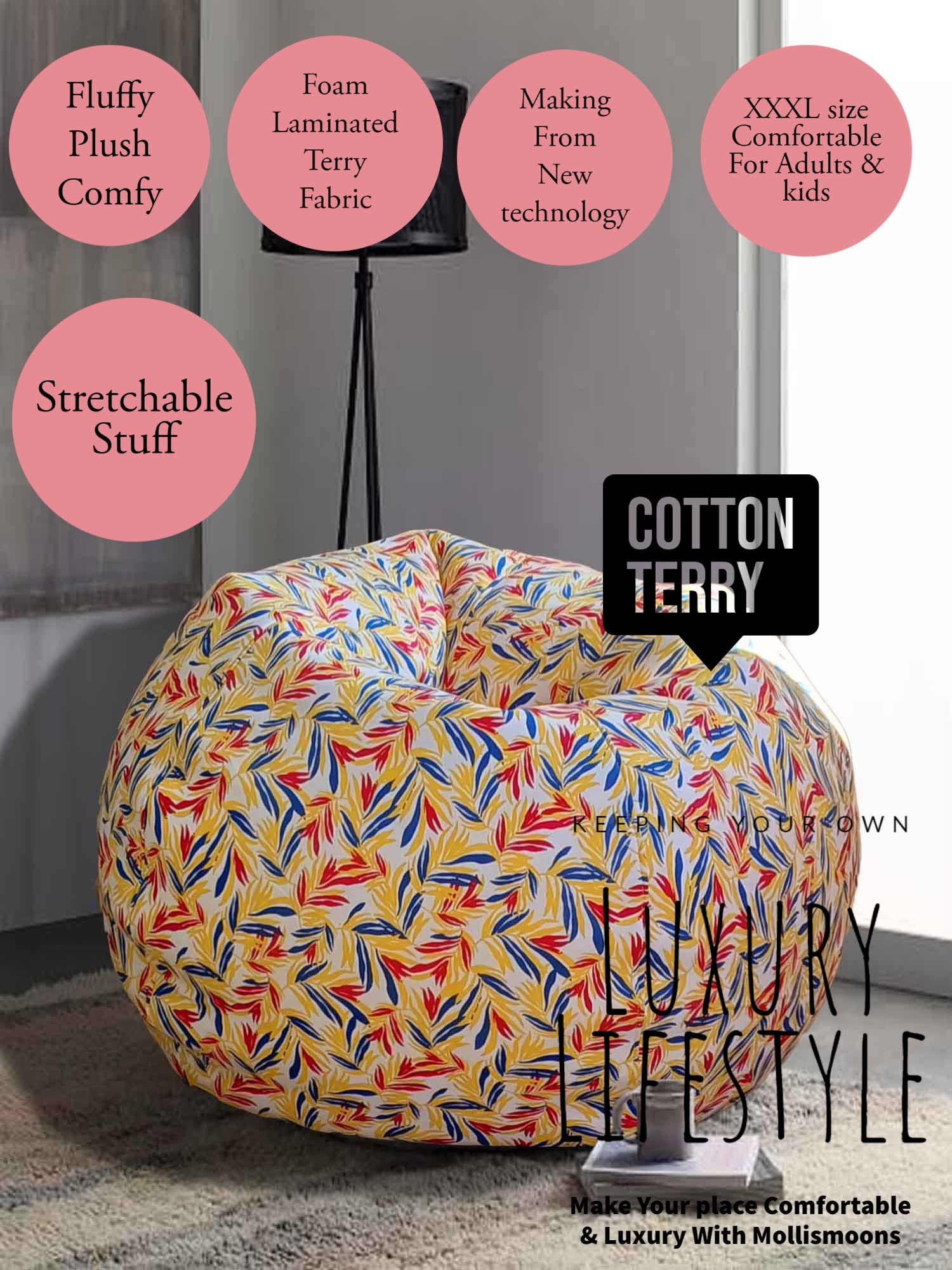 Mollismoons Bean Bag Printed Bean Bags Cotton Terry XXXL Size Bean Bag Cover Without Beans Bean Bag for Summer (Bean Bag for Adults & Kids) (Pitch Printed Bean Bag) 4