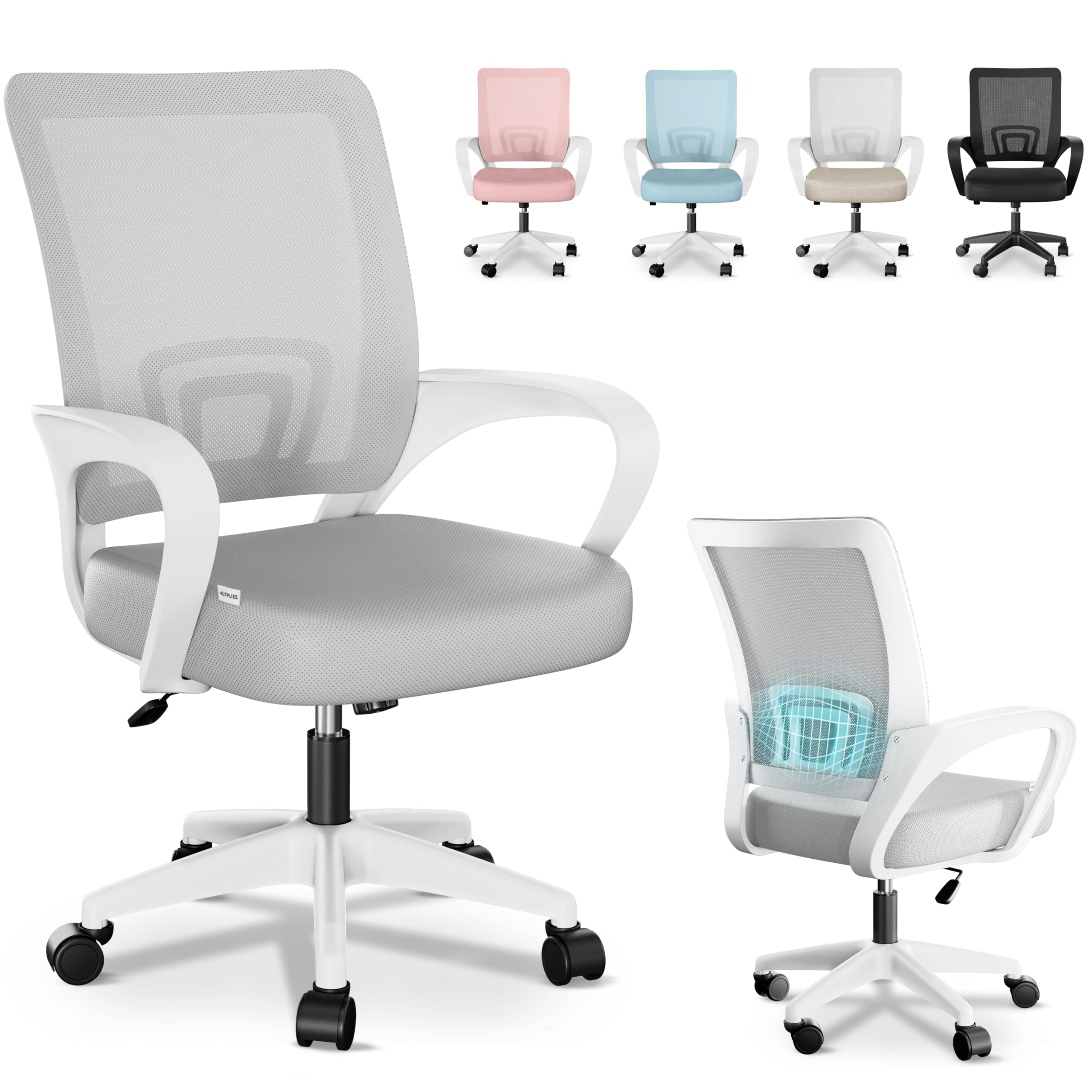 JUPPLIES Silla Escritorio Ergonomica - Silla Oficina con Apoyo Lumbar, Estructura de Plastico, Malla Transpirable, Ruedas Giratorias 360° Soporta hasta 110kg (Gris)