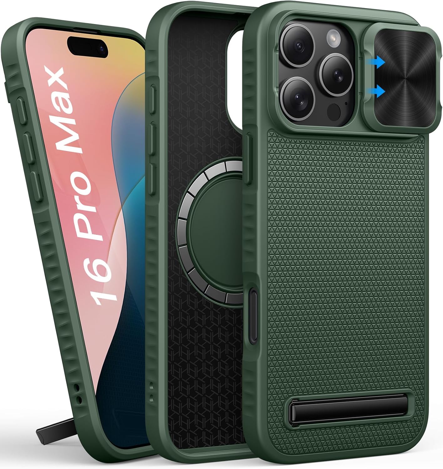 BXYJY for iPhone 16 Pro Max Case Slim Compatible with MagSafe, Magnetic with Stand, Military-Grade Protection, Built-in Slide Camera Cover, Men Women Protective Phone Case for iPhone 16 Pro Max, Green