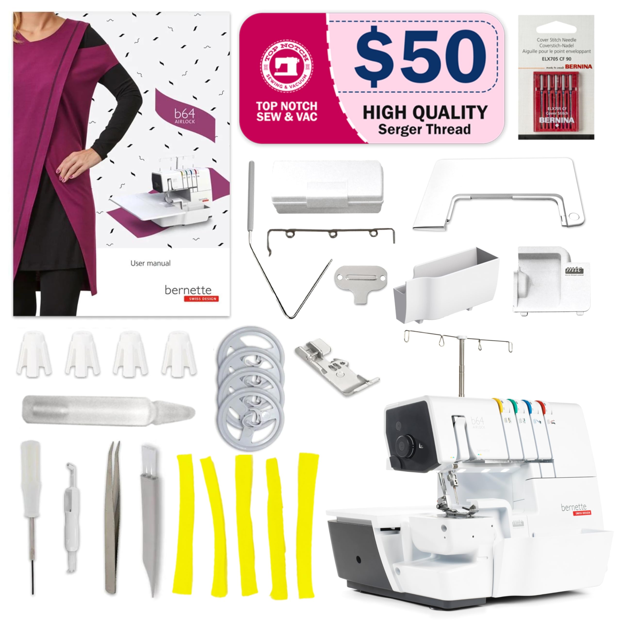 Bernette Airlock B64 Overlock Serger Sewing Machine | Air Threading Free Arm 1300 SPM LED Light Presser Foot | Quilting Embroidery Kit Tool with Accessories for Home or Professional Use