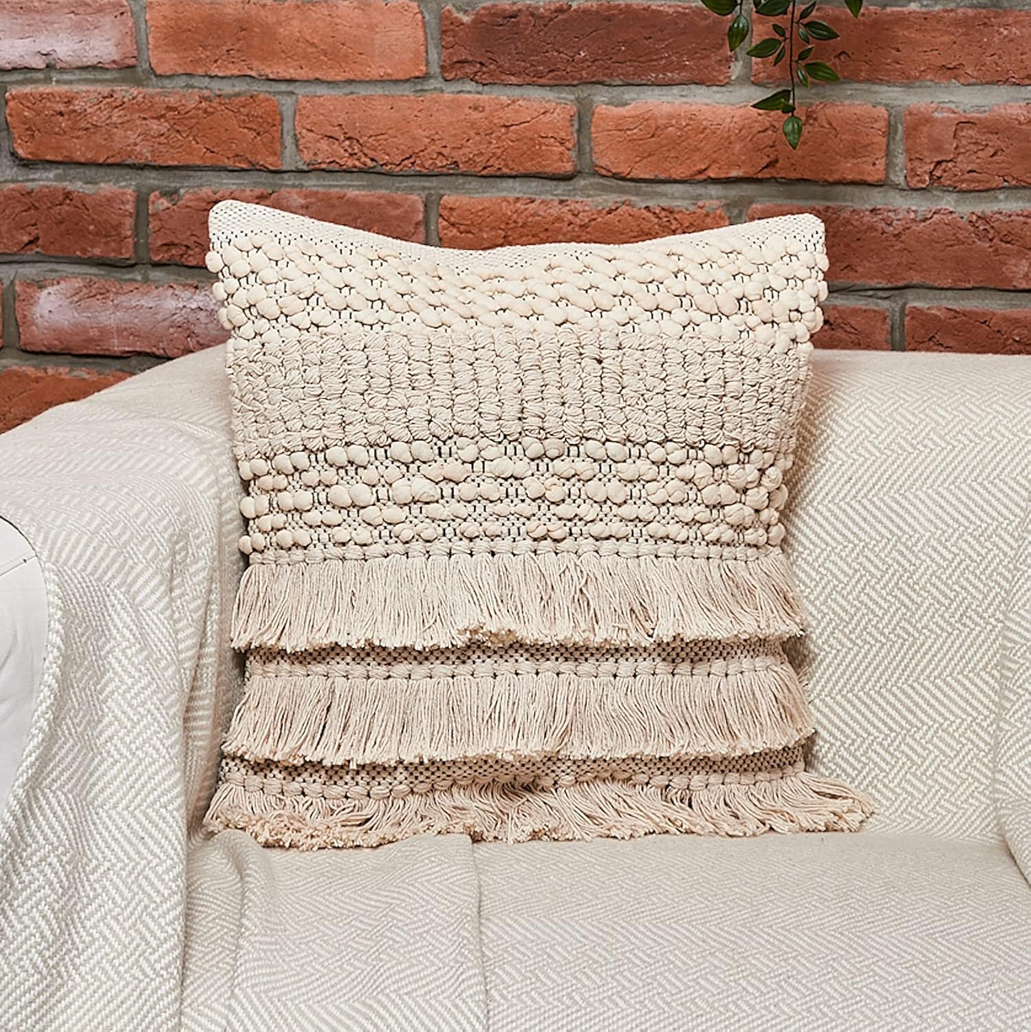 Boho Throw Pillow Cover Beige Throw Pillow with Fringe