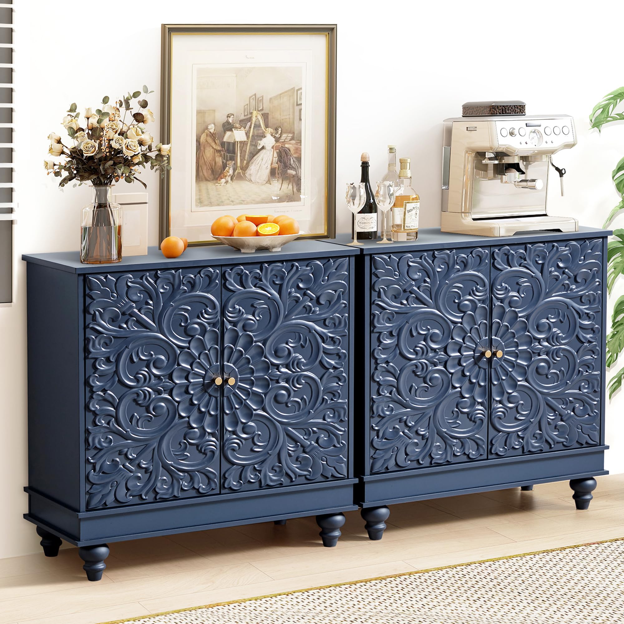 Set of 2 31" Accent Storage Cabinets, Floral Embossed Sideboards (Blue)