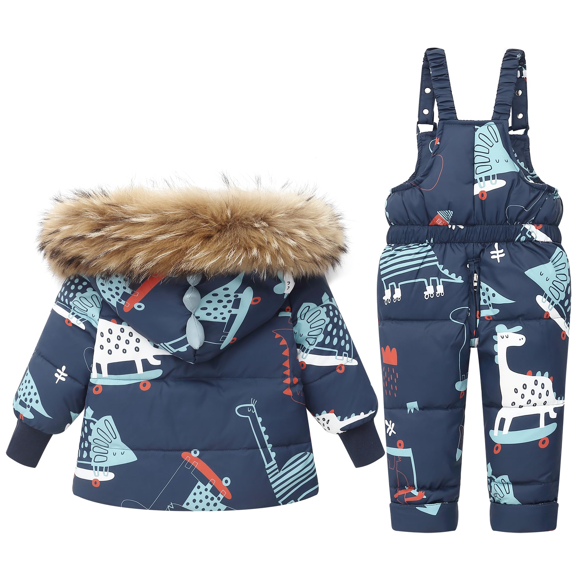 Conjunto de Esquí Niño Niña, Chaqueta con Capucha + Pantalón de Esquí, 2 Piezas Traje de Nieve Abrigos de Pluma Pantalones de nieve Dinosaurio Traje de Esquí