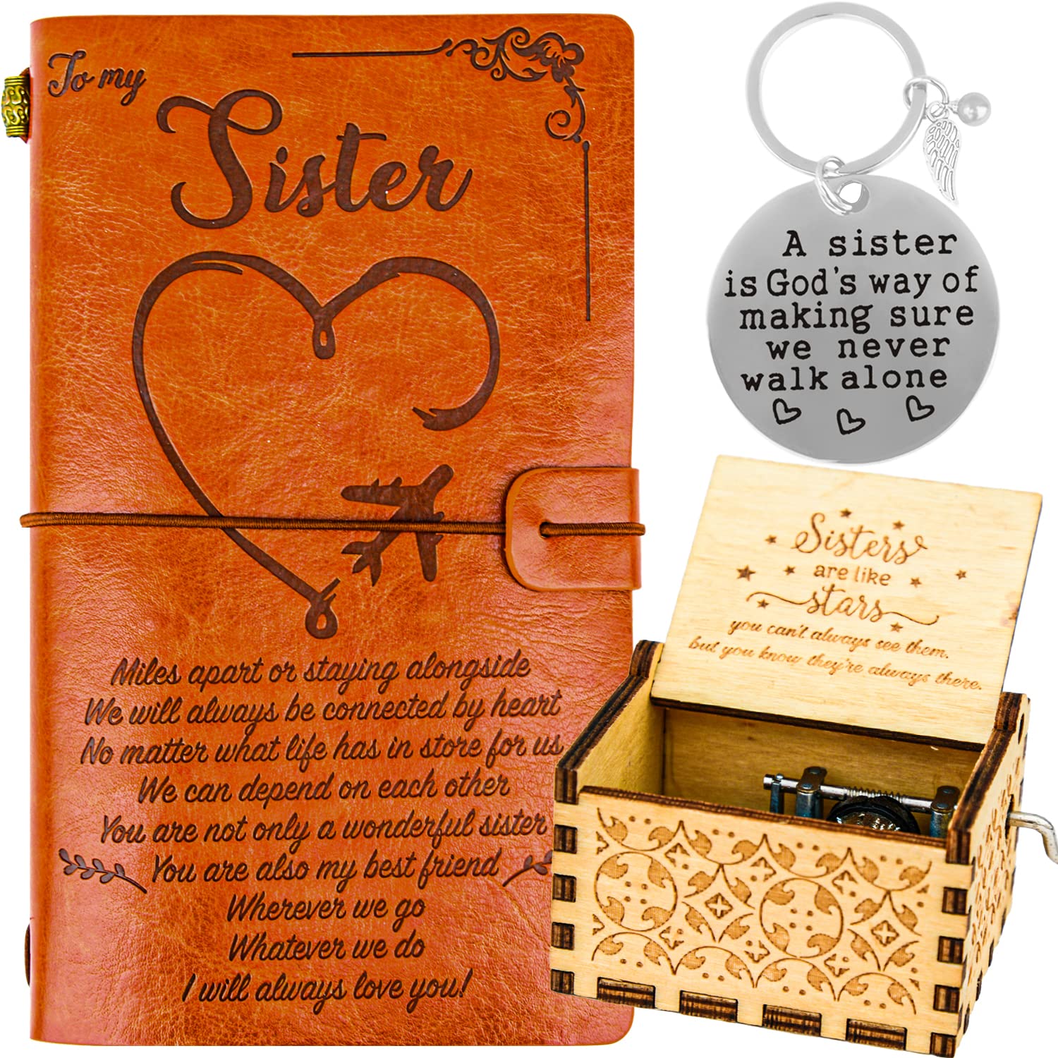 BoomBoomGifts Sister Gifts,Gifts for Sister,Sisters Gifts from Sister,Sister Leather Journal from Sister,Sister Music Box,Sister Keychain