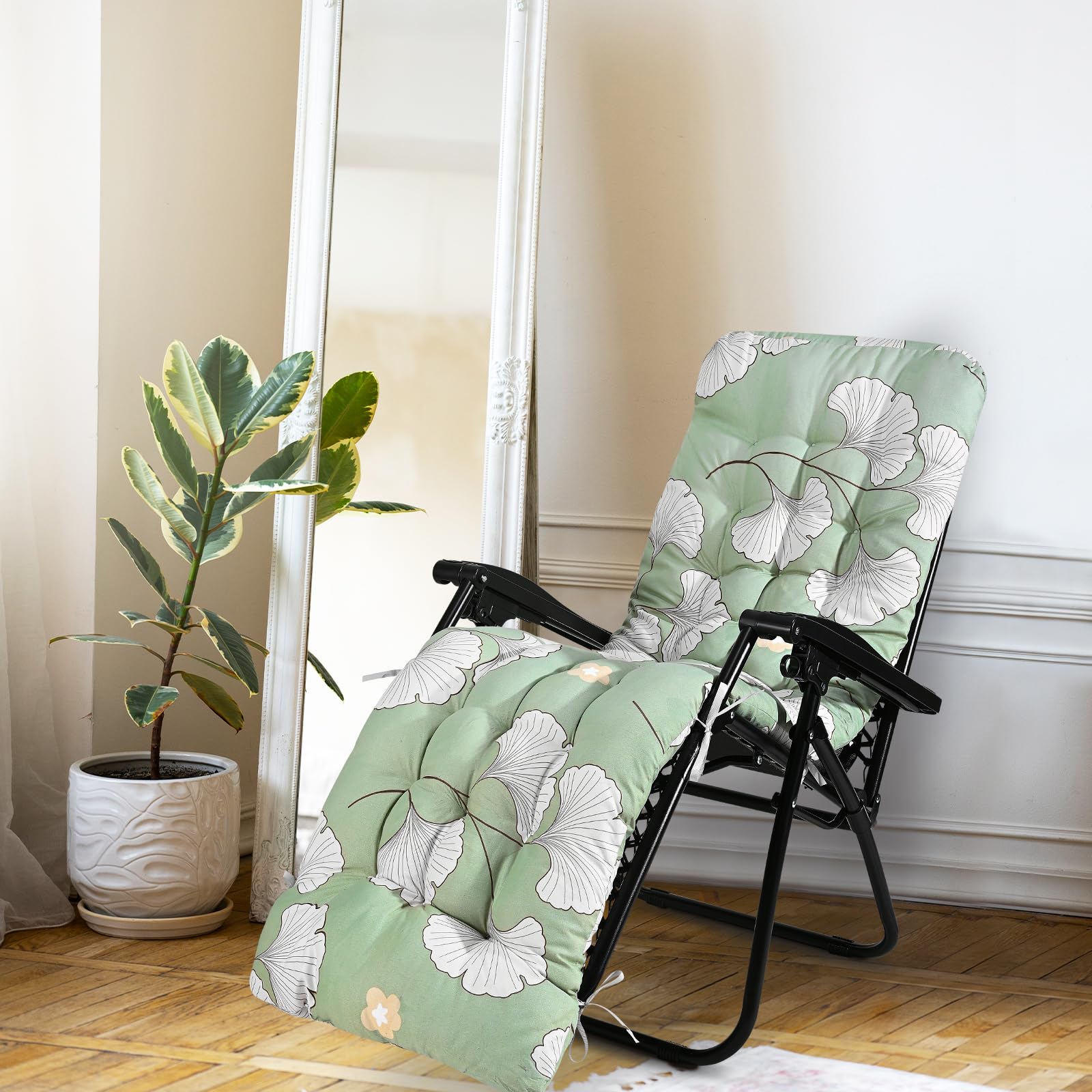 Zyncove Cuscino per sedia a sdraio da giardino spesso con copertura antiscivolo e corda per legare, 170x53x8cm (Ginkgo Biloba)