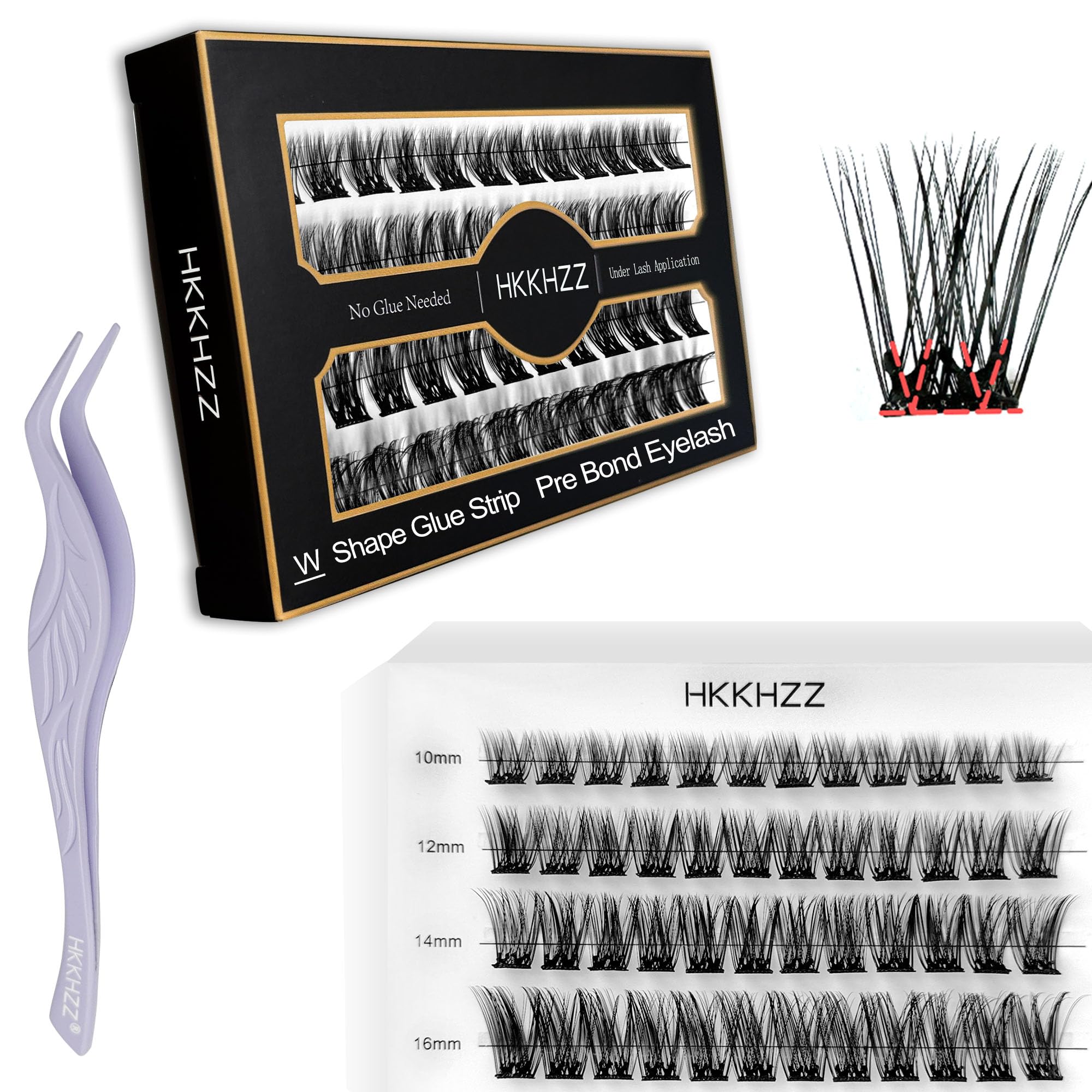 Self Adhesive Eyelashes No Glue Lash Clusters, HKKHZZ Press-on Lashes 10/12/14/16mm Individual Lash Extension Kit with Lash Tweezers, Self-adhesive