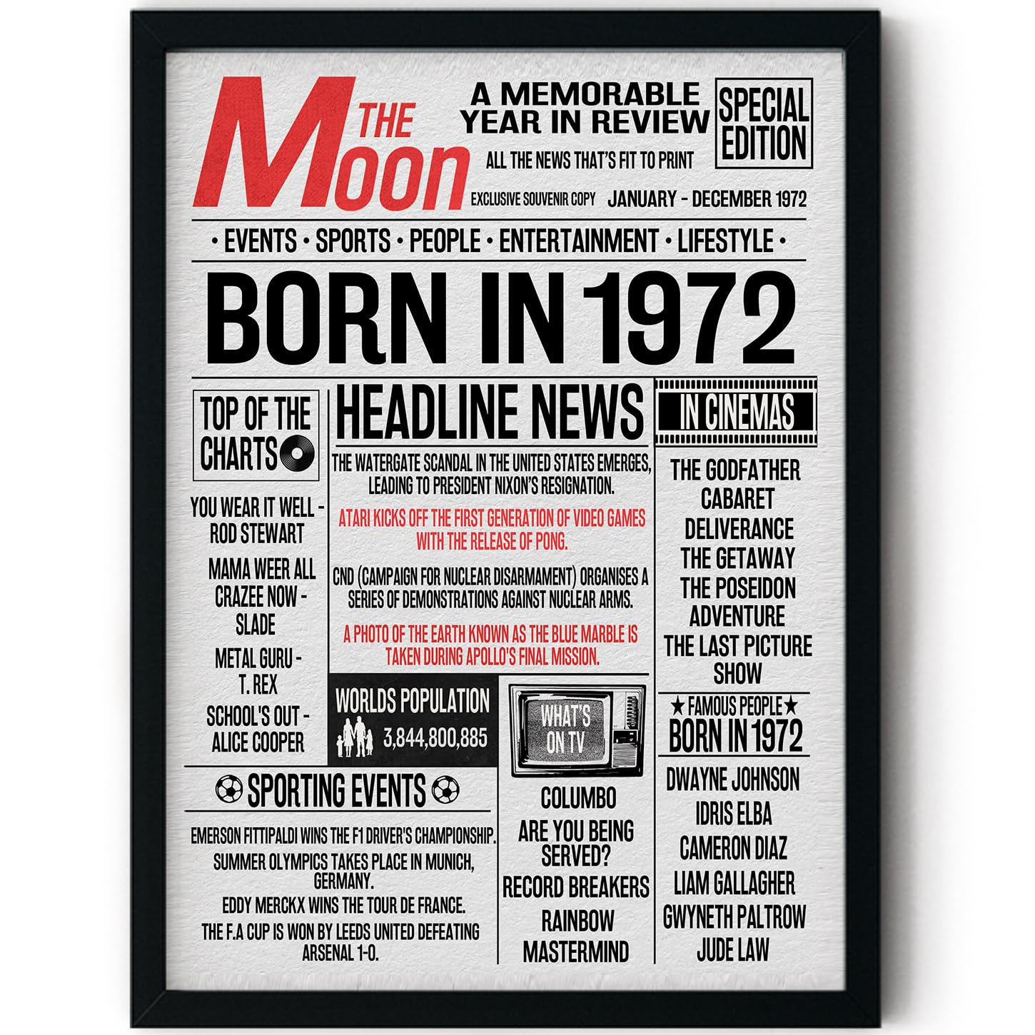 Stuff4 Men's 1972 54Th Birthday Poster Framed - Born In Newspaper - Happy 54Th Birthday Gifts For Wo Vintage Retro Back In 8X10 Inch Bday Party Decor Decoration