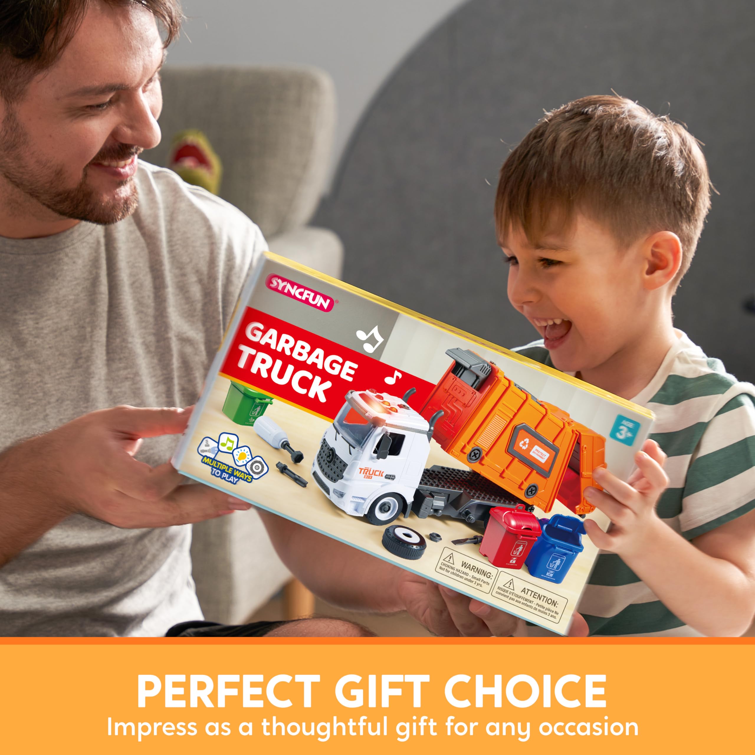 JOYIN Jumbo Take Apart Reibungsbetriebenes Side-Dump-Recycling-Müllwagen-Spielzeug mit Licht und Geräuschen, 3 Mülleimer, Schraubendreher-Spielzeug, für DIY-Montage, Orange