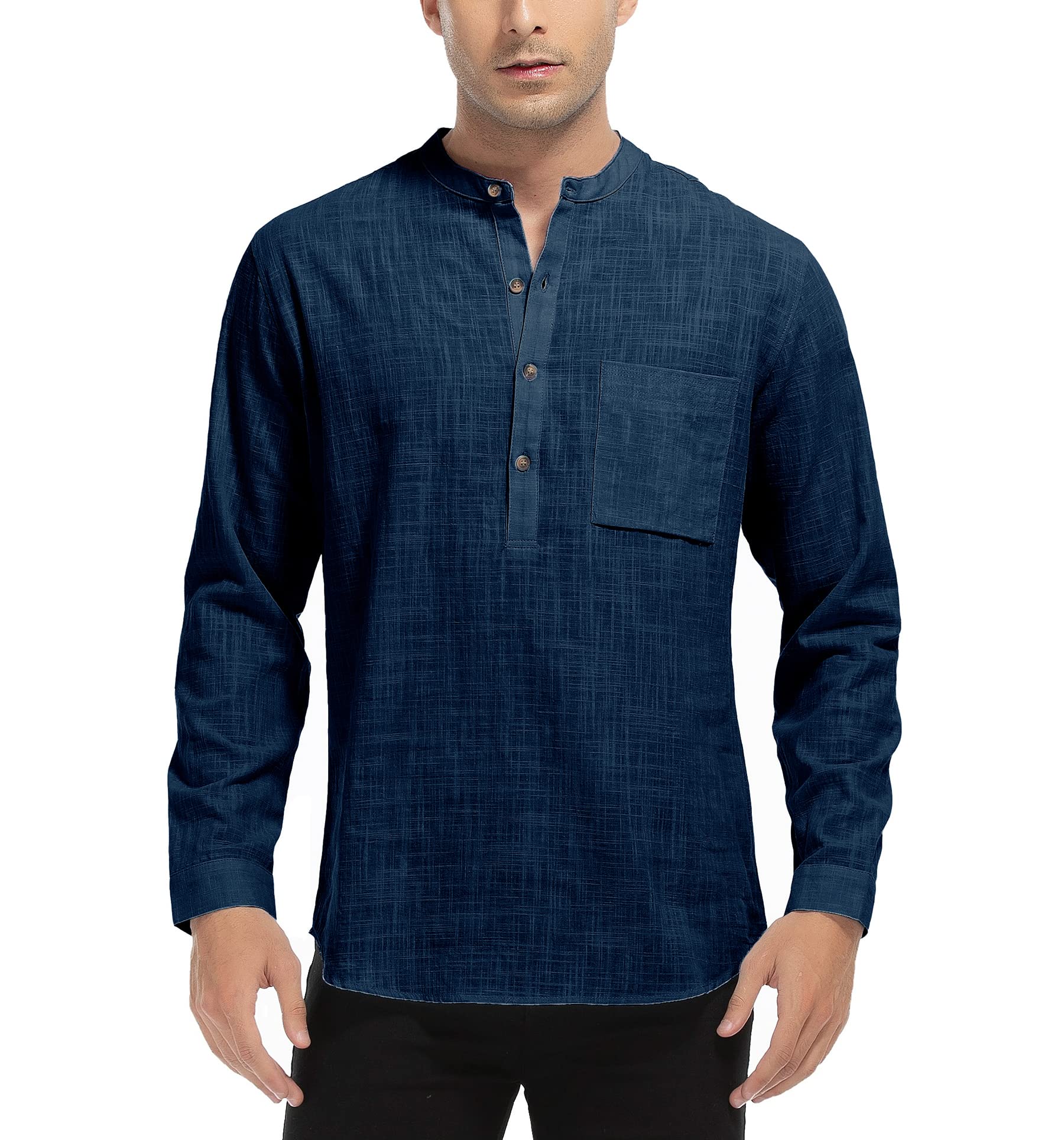 WAZZAP Camisas para Hombre Manga Larga de Lino Verano Henley Camisas Casual Hippie Playa Camisa