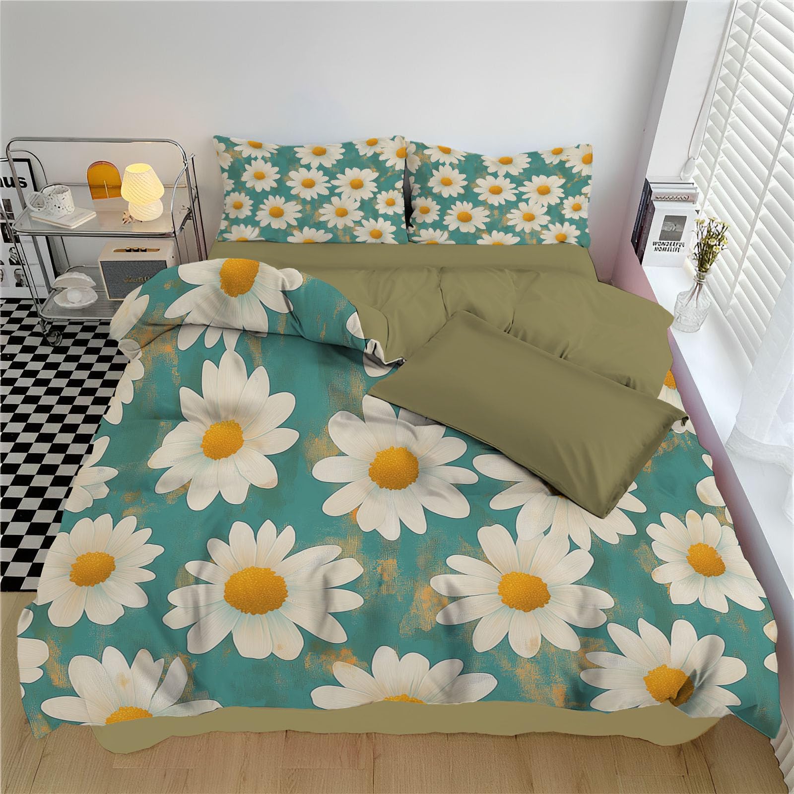 Parure de lit nature vert clair lavable et résistante pour un grand lit