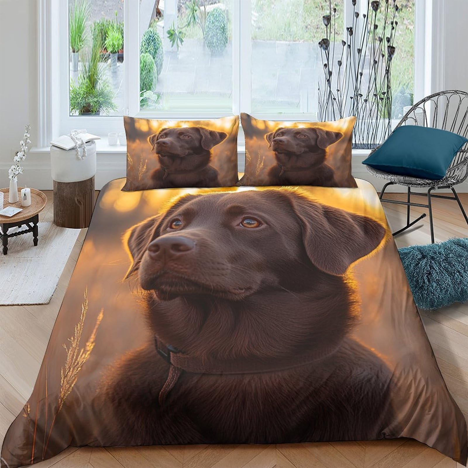 GPLZQXKJNH 3D Printed Black Labrador Dog Duvet Cover Microfiber Soft Breathable Golden Sunset Bedding Set with 2 Pillowcases for Bedroom Decor Home Use Single（135x200cm）