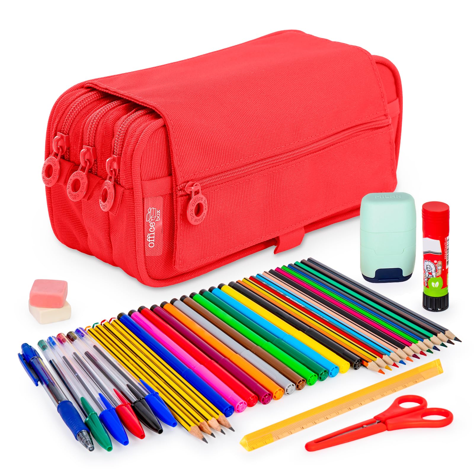 PracticDomus ColePack - Estuche Escolar 3 Compartimentos, Portatodo Triple con Material de Primeras Marcas Incluido (Rojo Coral)