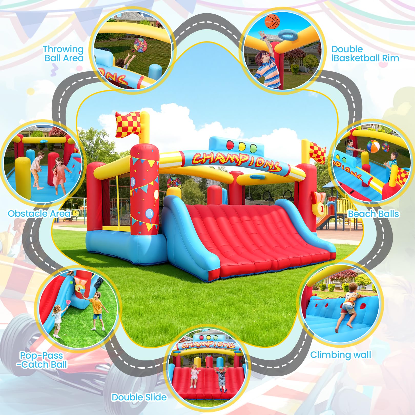 AKEYDIY Gran Casa de Rebote Inflable para Niños Grandes, Casa Hinchable con Tobogán Extra Ancho/Temas de Carreras de Escalada para Centro de Juego - Obstáculos de Patio Trasero, Castillo Hinchable
