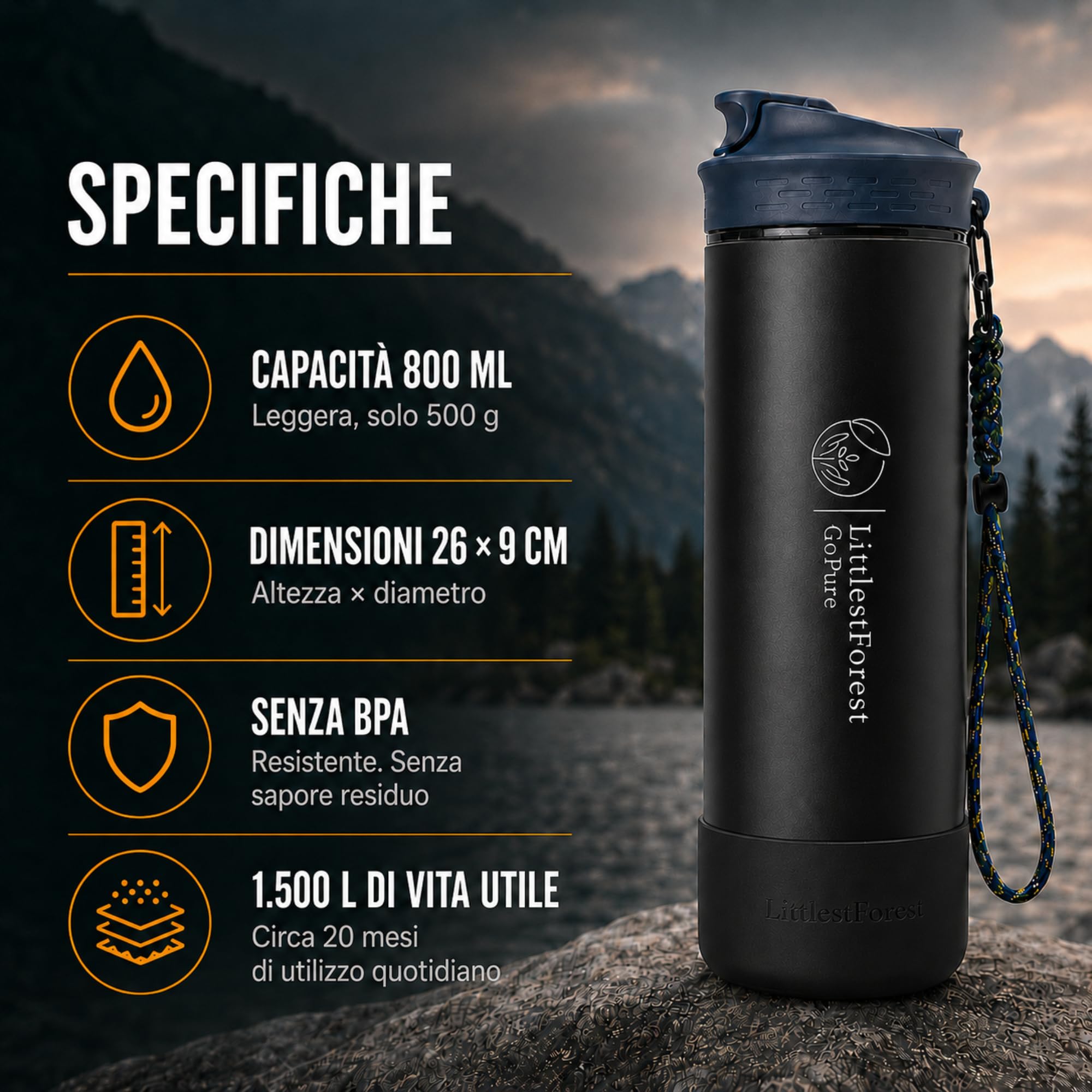 GoPure Borraccia Filtrante 800ml 1500L Trekking Senza BPA
