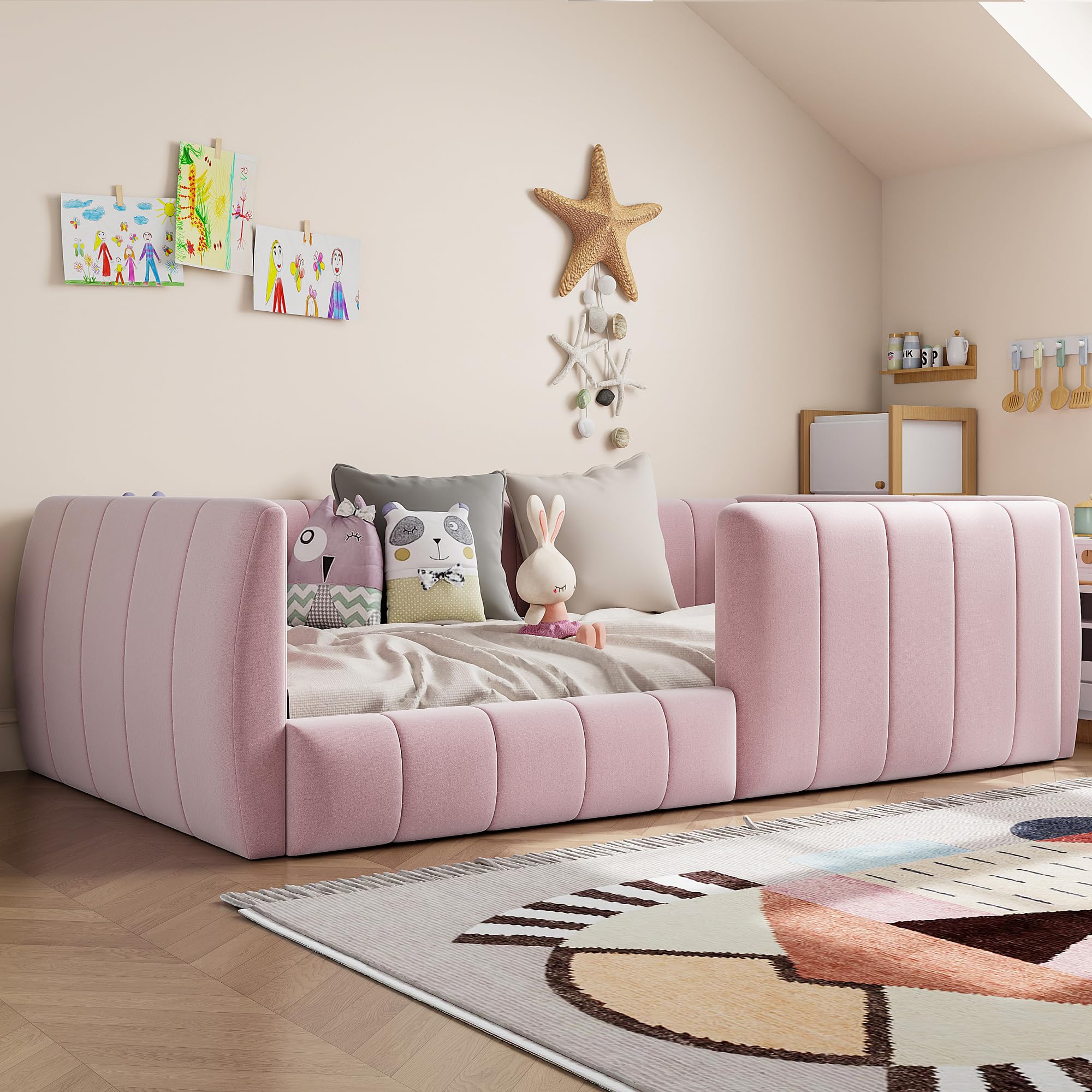 Kinderbett Bodenbett 90x200, Montessori Bett Polsterbett mit Rausfallschutz und Lattenrost, Einzelbett Gitterbett Jugendbett Spielbett Flachbett Bettgestell fürJunge und Mädchen, Ohne Matratze, Rosa