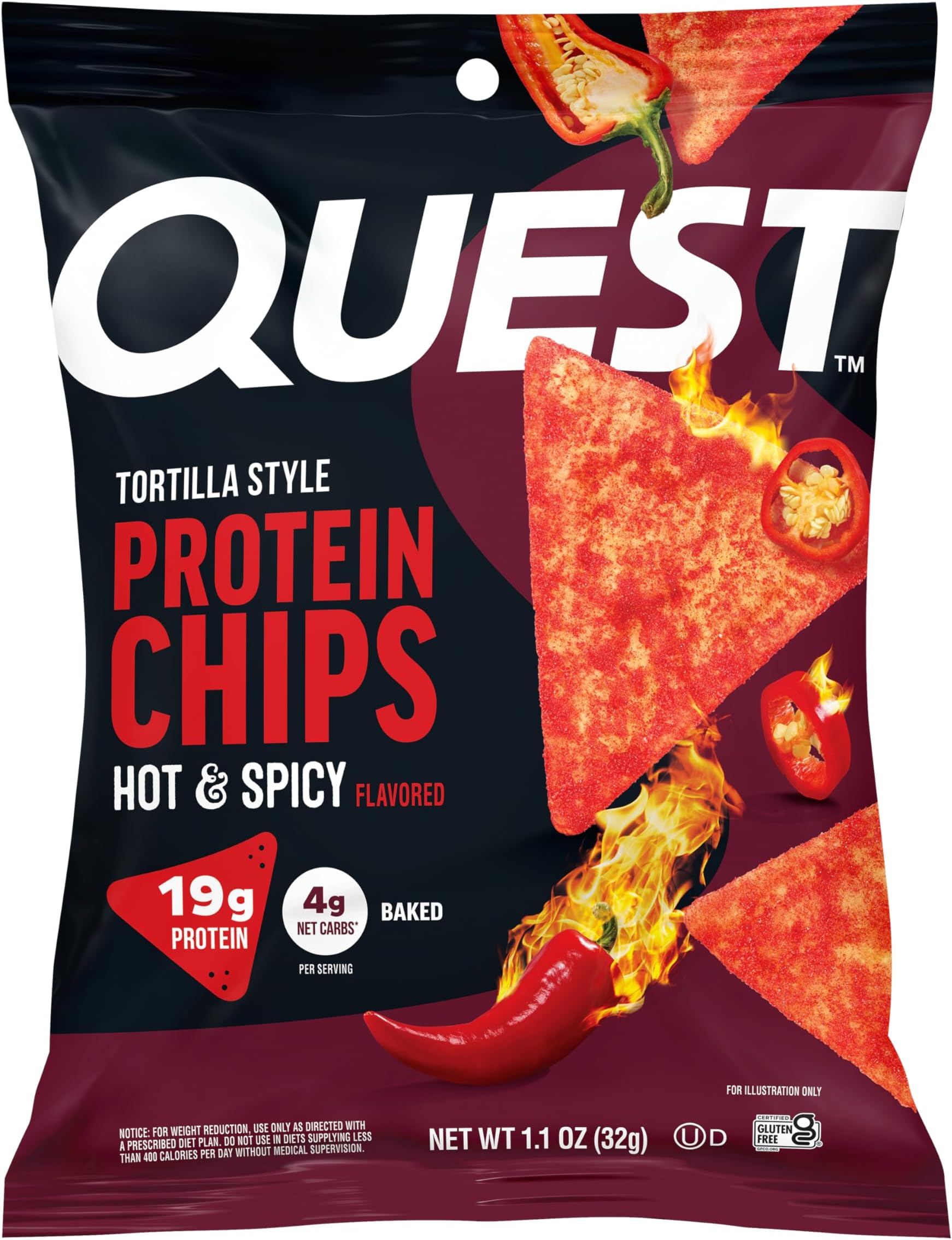 Quest Nutrition Tortilla Style Protein Chips, Hot & Spicy, 19g of Protein, 4g Net Carbs, Gluten Free, 1.1 Ounce (Pack of 12)
