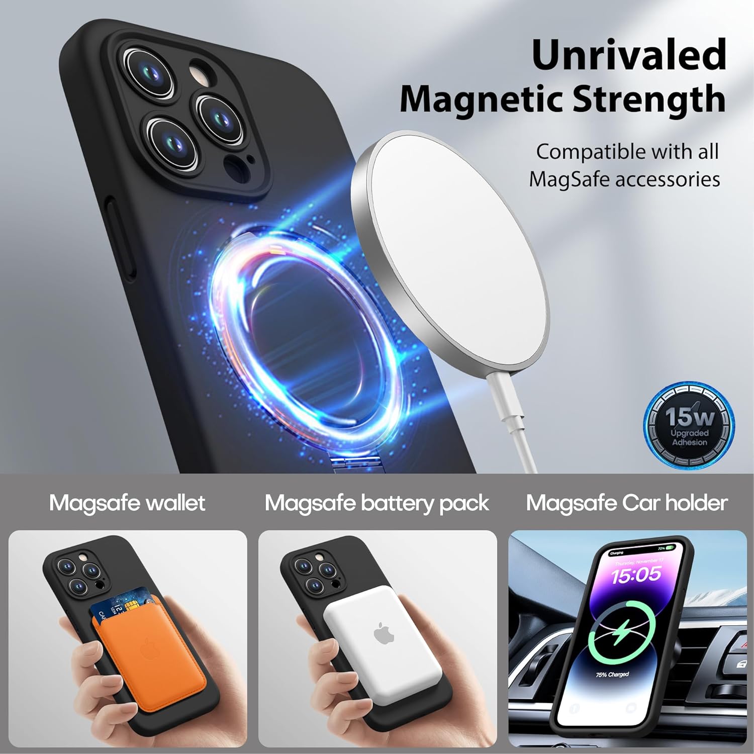 CellEver Strong Magnetic Case for iPhone 14 Pro Max [for MagSafe Charging] [Camera Protection] Heavy-Duty Protection, Soft Grip Silicone Cover with Kickstand, Black - Image 3