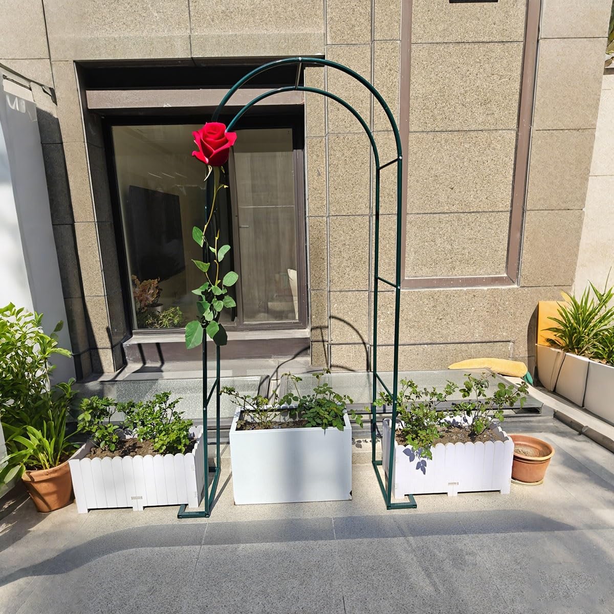 Metalowy łuk ogrodowy, pergola kratowa, do roślin pnących i różanych winorośli, dekoracja ślubna na zewnątrz, rama altany z podstawą 80 cm do 280 cm regulowana wysokość (zielona, 80 cm szer. x 200 cm)