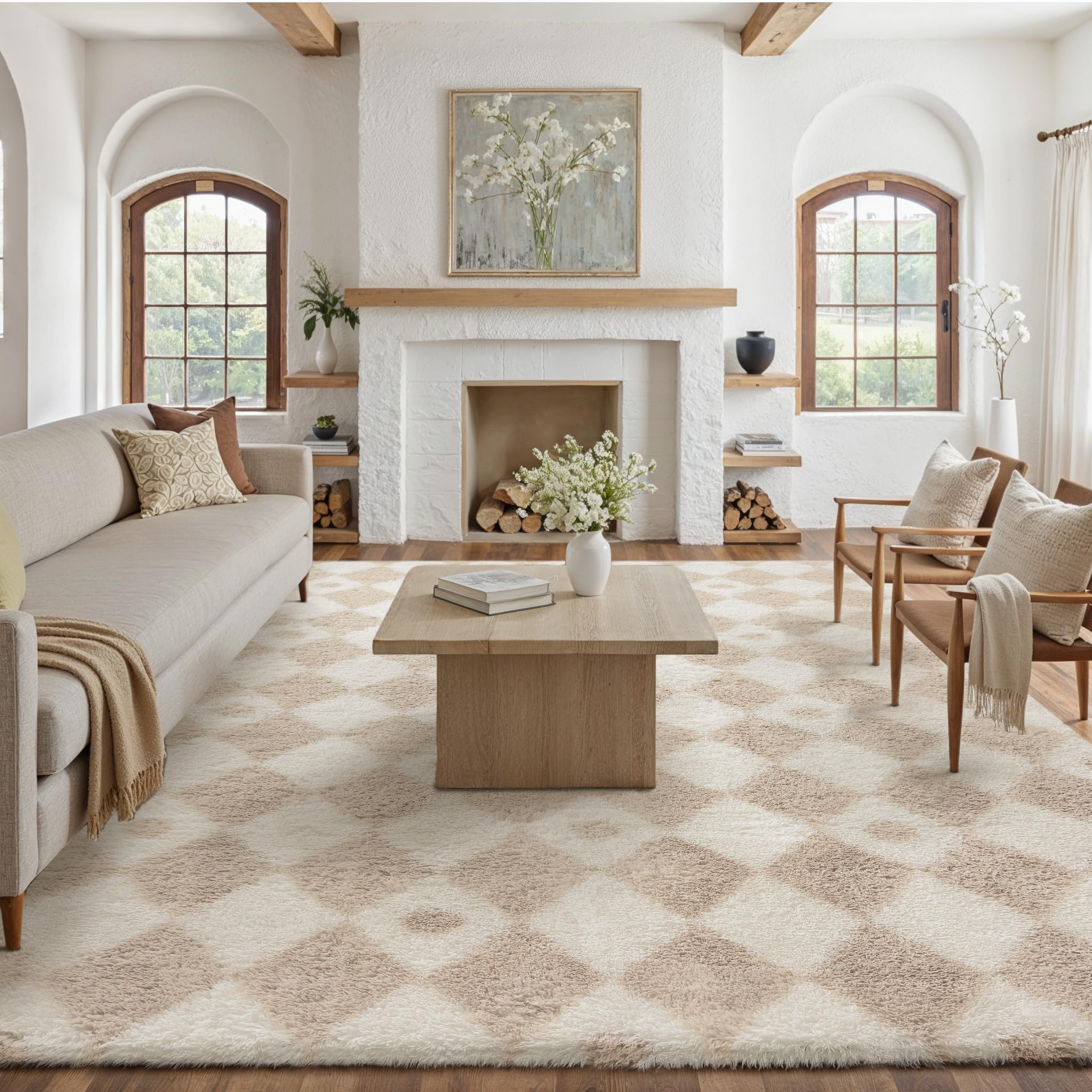 HUGEAR Flauschig Teppich Wohnzimmer 240x300 Teppiche Beige Weiß Shaggy rutschfest Rautenmuster Carpet Kinderzimmer MäDchen Junge Schlafzimmer Hochflor Weich