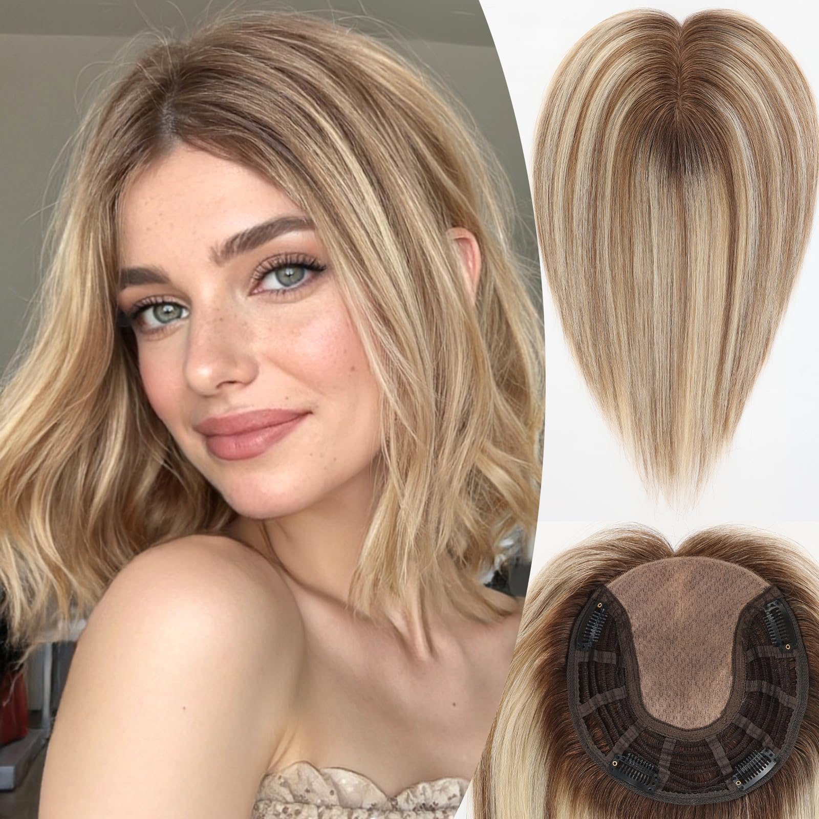 HAIRCUBE 100% Human Hair Topper for Women 7 * 7 Inches Large Coverage Ombre Blonde Mix Brown Hair Topper No Bangs for Women with Thinninghair Cover Gray Roots 1