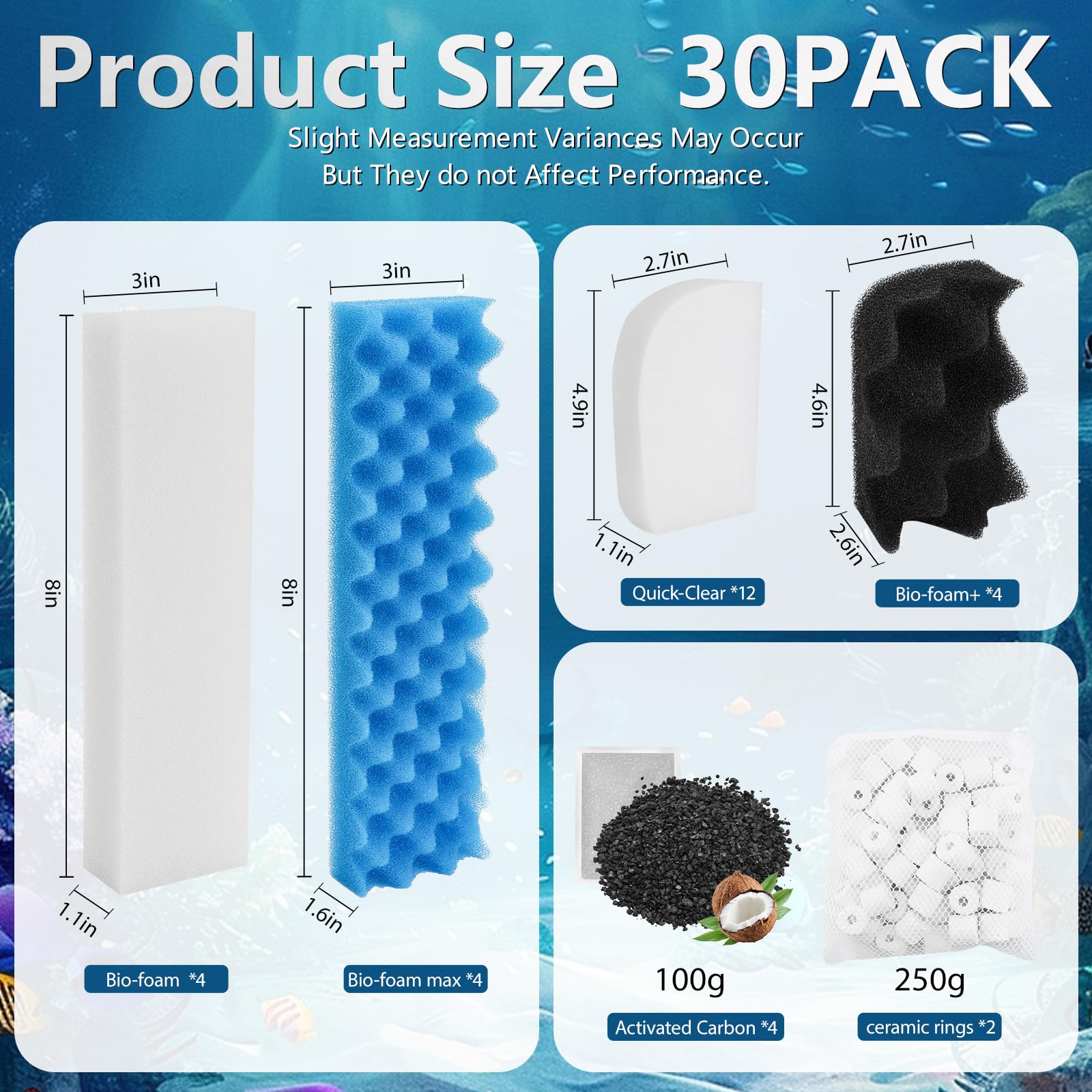 PROUDSCREW 30 Pack Replacement Filter Media Kit Compatible with Fluval 306/307 Aquarium Filters, Including Bio Ceramic Rings, Activated Carbon, Blue, White & Black Bio Foam Value Pack - image 3