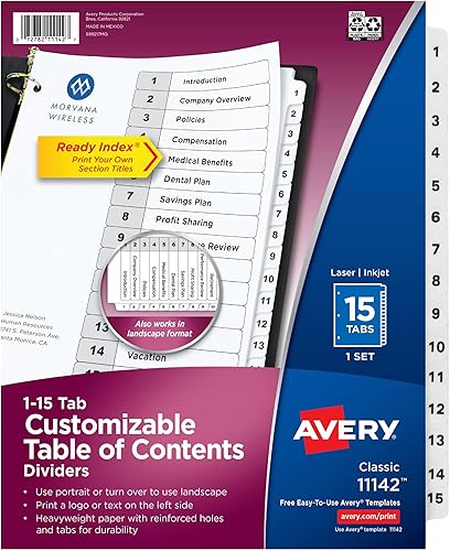 Avery Separadores de 15 pestañas para carpetas de 3 anillas, tabla de contenido personalizable, pestañas blancas clásicas, 1 juego (11142)