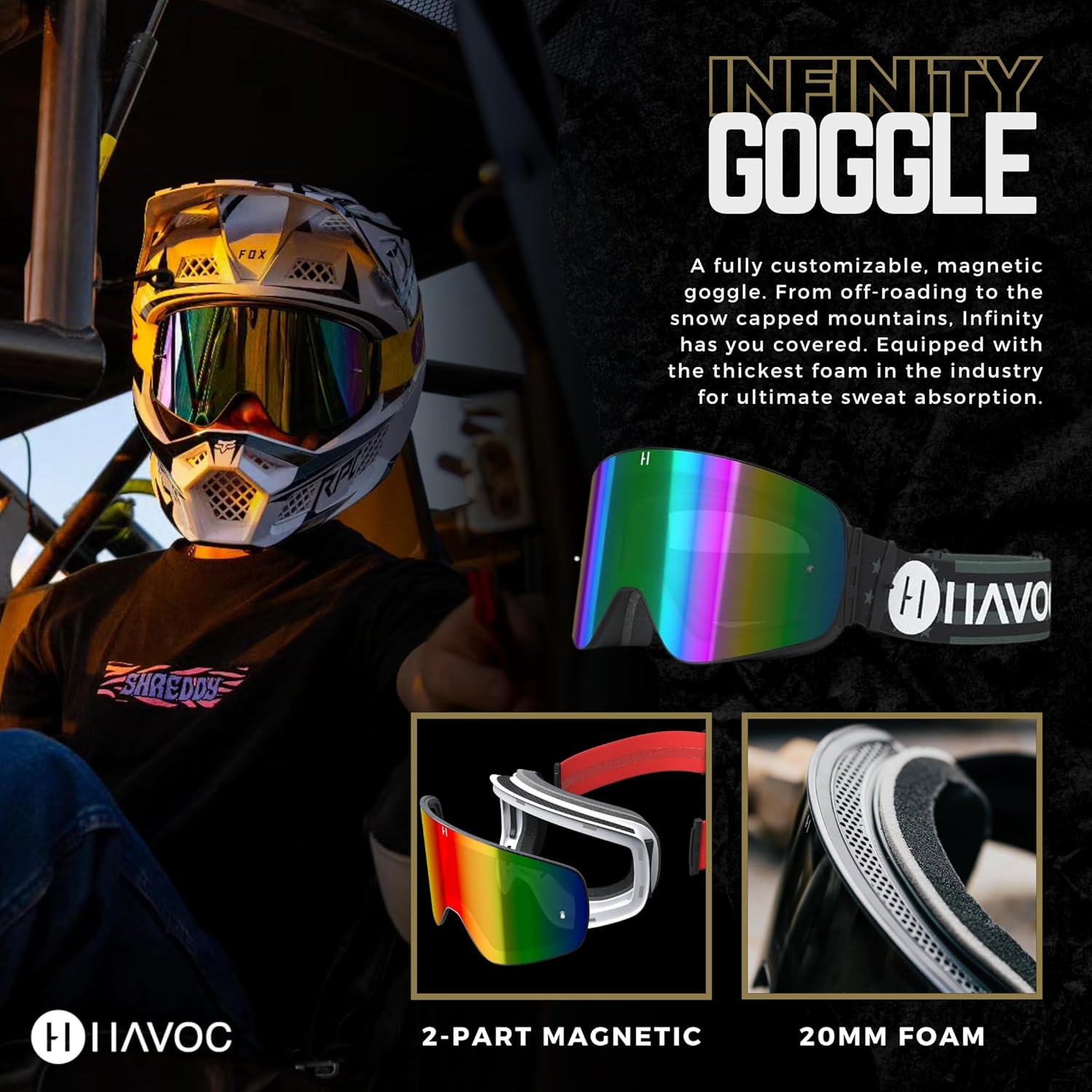 Havoc Racing Magnetic Frameless Goggles - For Motocross, Dirt Biking, Snowboarding, ATV, & UTV - UV Blocking Anti-Fog Goggles - Image 2