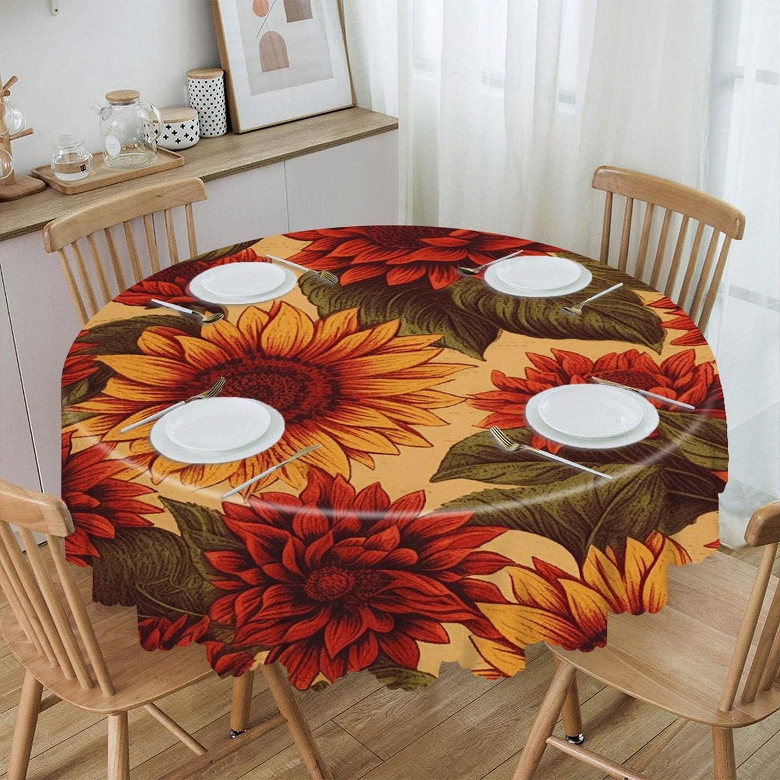 VstaDank Red Sunflower Round Tablecloth Wipeable Round Polyester Tablecloth Waterproof Wrinkle Free Indoor and Outdoor Table Cover 60 Inch Decorative Farmhouse Table Cloth for Dining