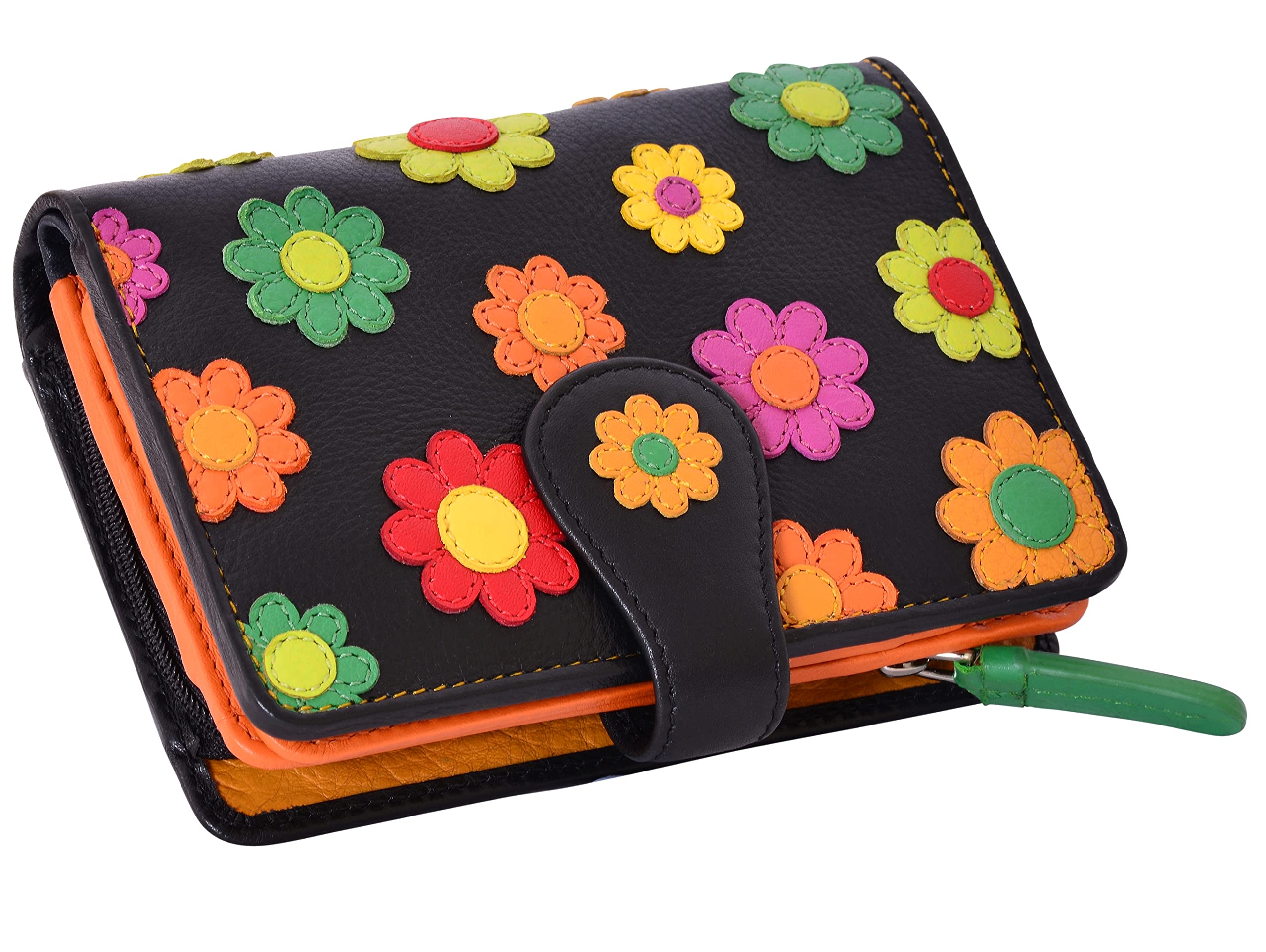 VISCONTI 100% Pur Leder Portemonnaie Damen RFID Schutz Geldbeutel Geldbörse Bifold Mehrfarbig Portmonee in Geschenk-Box Polka Purse (DS82) - Medium 10cm x 14cm - Blumen/Rot