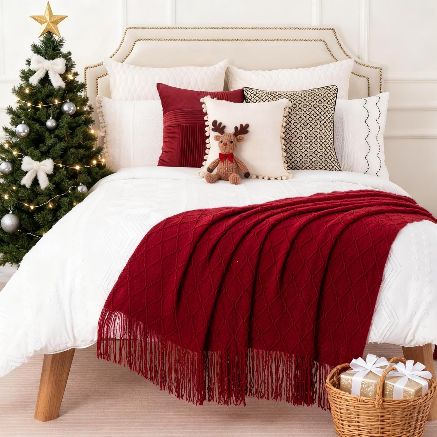 BATTILO HOME Christmas Decor Red Throw Blanket for Couch, Boho Bed Throws for Foot of Bed, Decorative Red Throws for Sofa Living Room, 50"x60" - Image 3